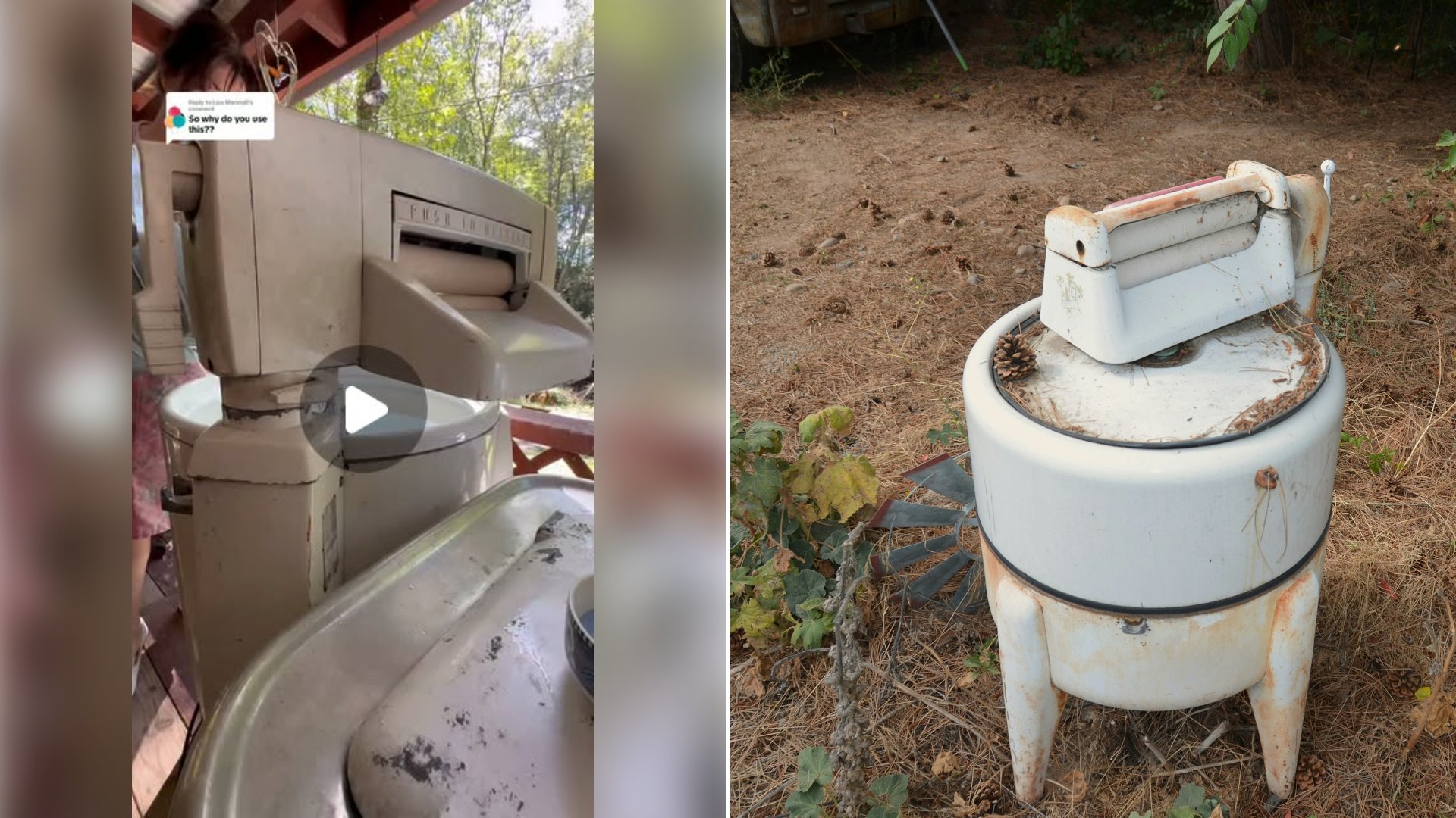 Left: cover still from an Instagram reel by @mudcreekmemories. Right: Vintage white wringer washing machine on dry pine needle ground (Unsplash photo by Roger Starnes Sr).