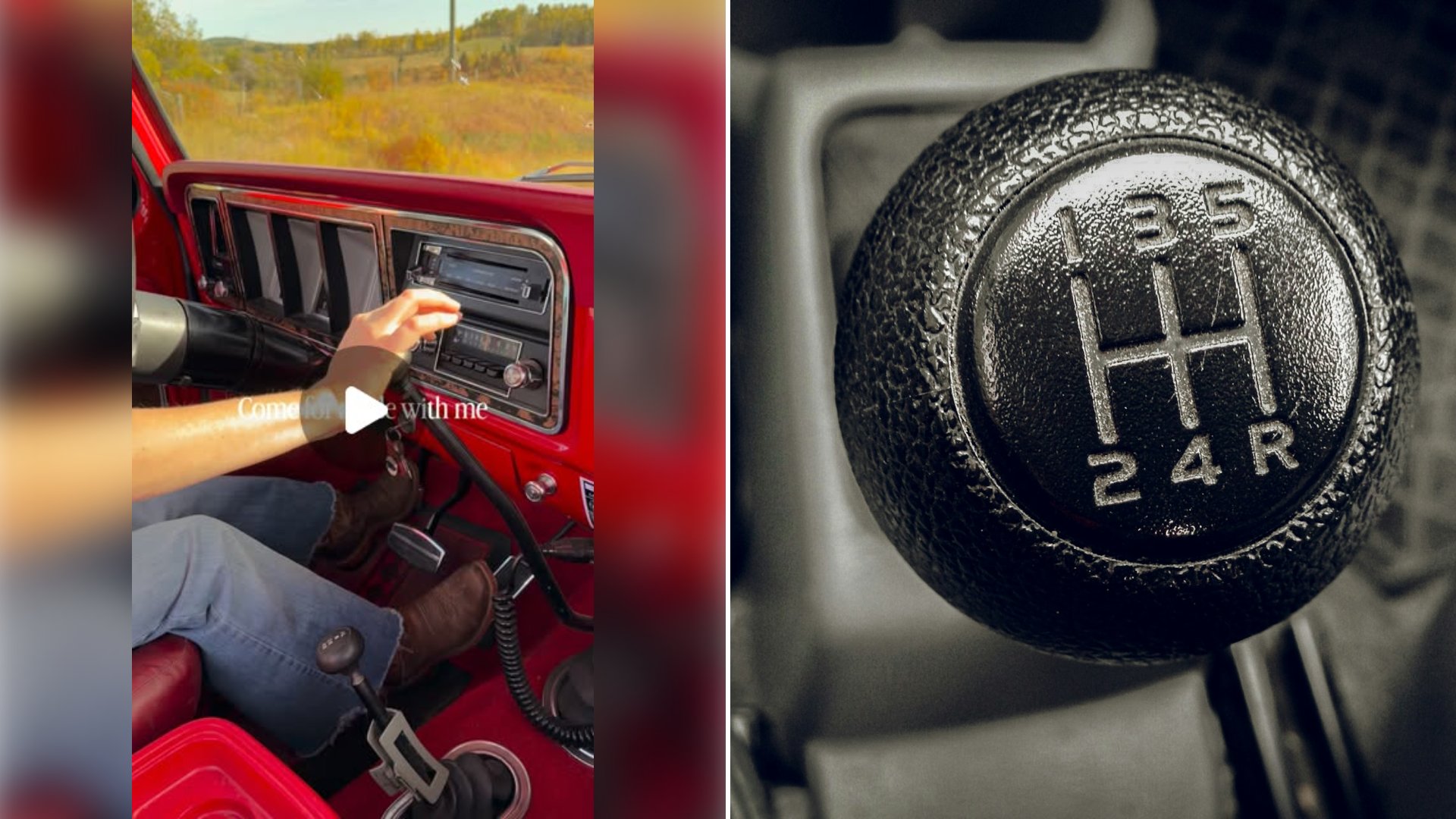 Left: cover still from an Instagram reel by @78bronc_ho. Right: Close-up of a car's gear stick (Unsplash photo by Hari Perisetla).