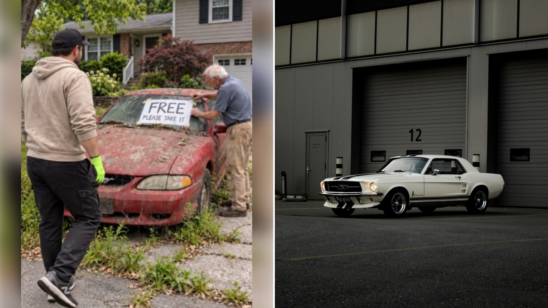 Left: cover still from a TikTok video by @carstories38. Right: White Ford Mustang with black racing stripes parked before a grey industrial building (Unsplash photo by Jorgen Hendriksen).