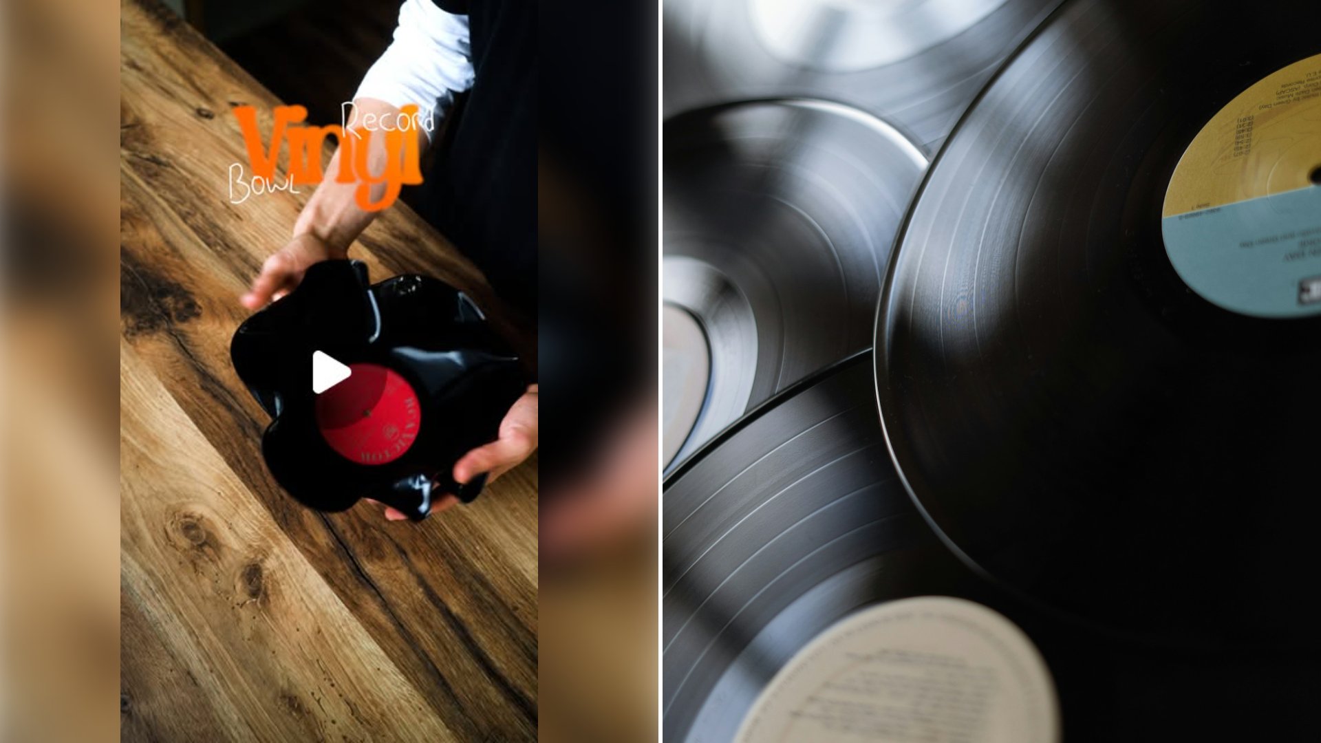 Left: cover still from an Instagram reel by @inspo.leon. Right: Black vinyl record on a silver round plate (Unsplash photo by Joyce G).