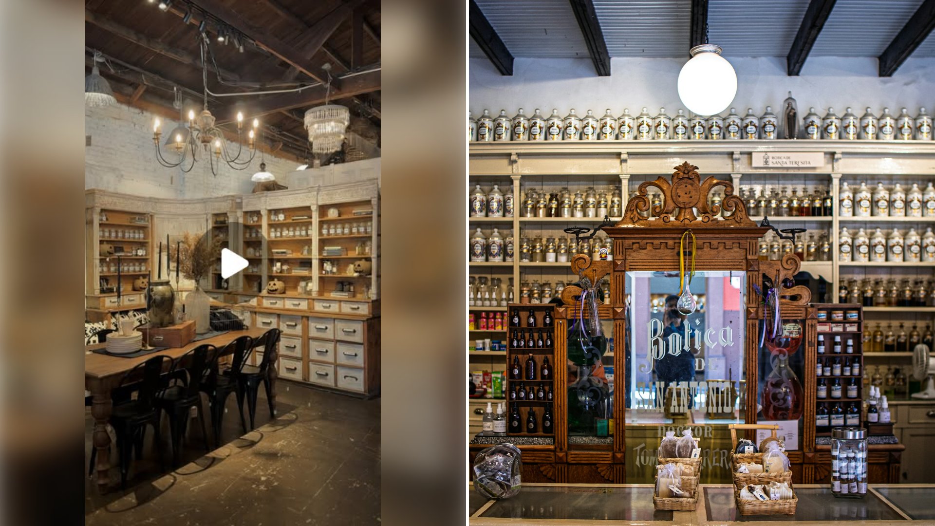 Left: cover still from an Instagram reel by @417vintagemarket. Right: Old pharmacy interior with shelves of glass bottles and a wooden counter (Unsplash photo by Ángel Nava).