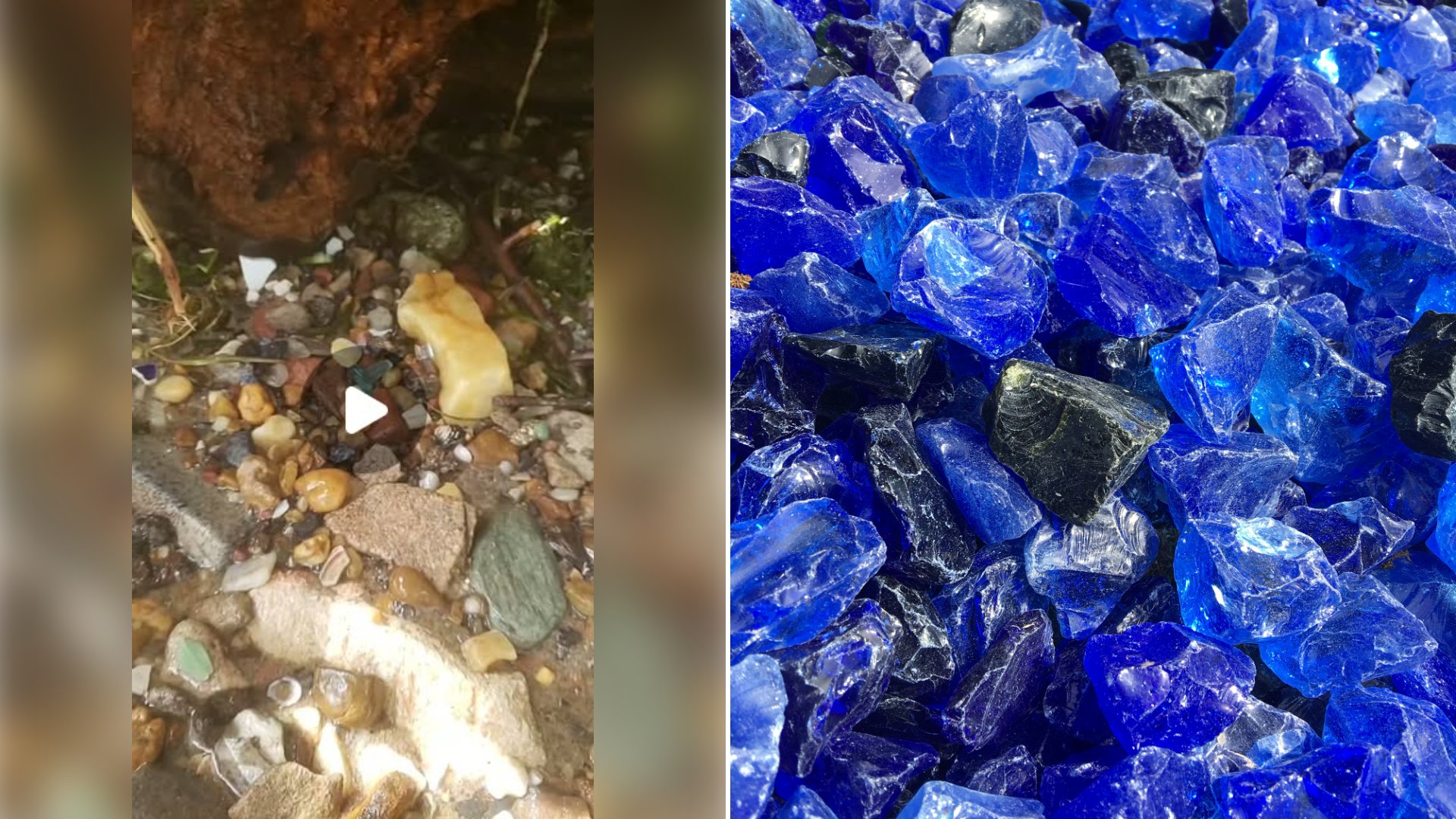 Left: cover still from an Instagram reel by @jennyjenx2. Right: Pile of vibrant blue and dark glass shards (Unsplash photo by Scott Goodwill).
