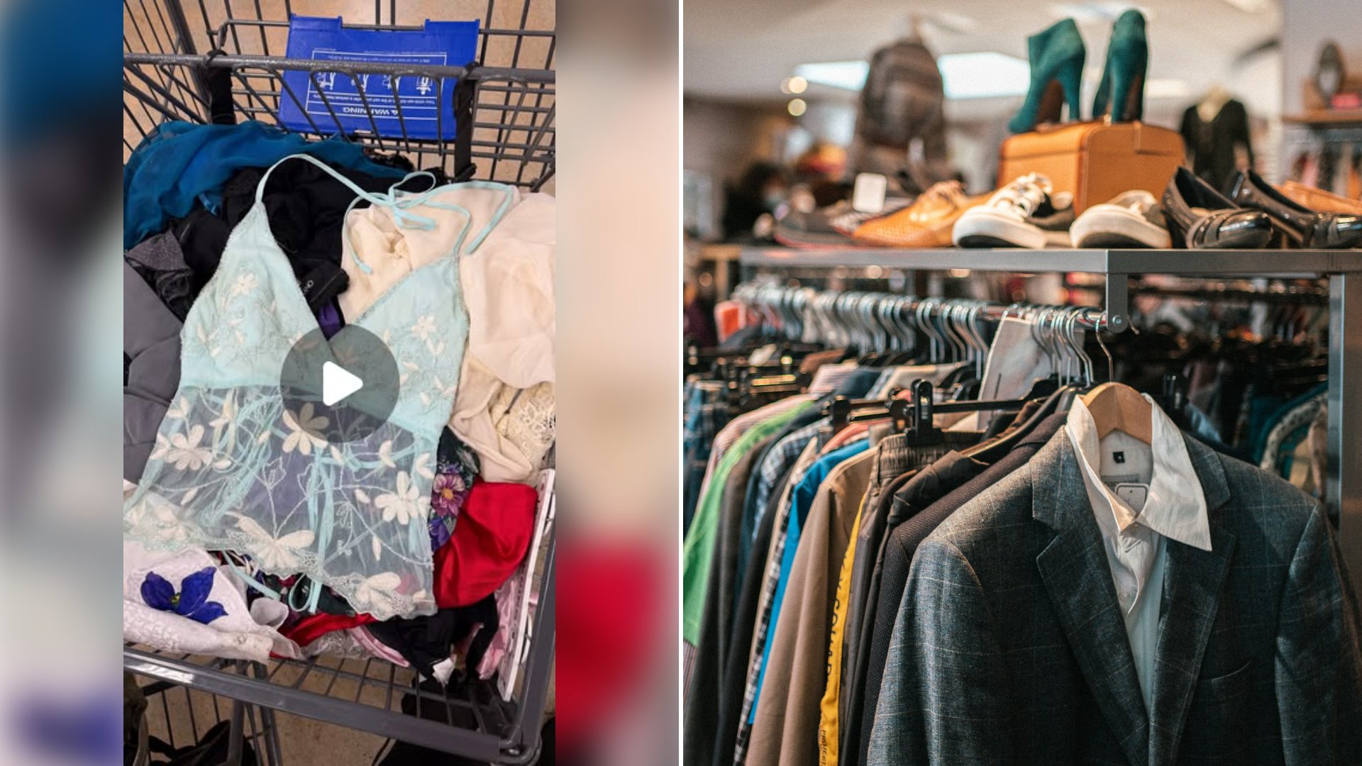 Left: cover still from an Instagram reel by @thriftlikeagirll. Right: Rack of clothes and shoes in a store (Unsplash photo by Hugo Clément).