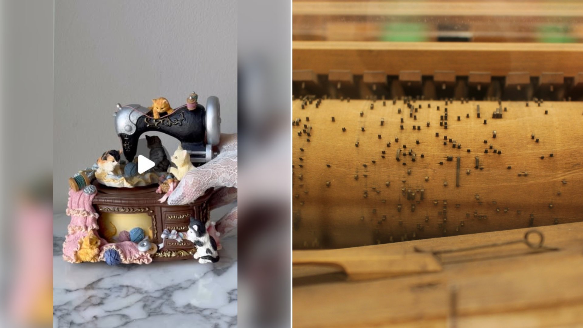 Left: cover still from an Instagram reel by @estatesaleedit. Right: Close-up of a music box mechanism covered in black dots (Unsplash photo by Daniel Tuttle).