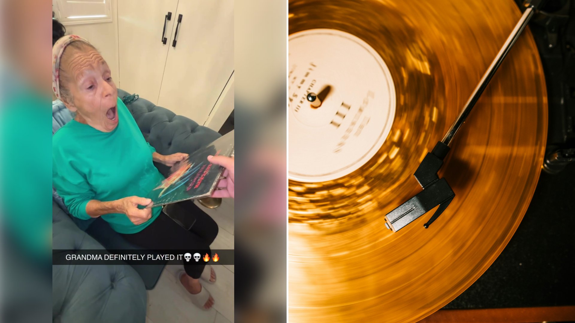 Left: cover still from a TikTok video by @bigtastystudios. Right: Translucent amber vinyl record spinning on a turntable with a black tonearm (Unsplash photo by Jakob Rosen).