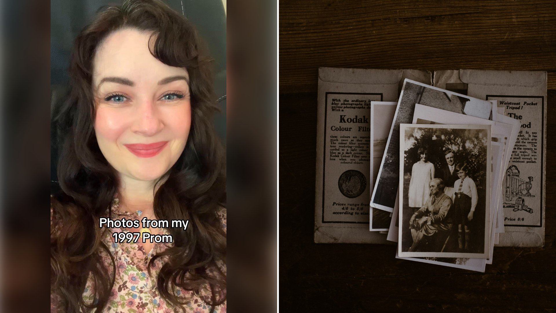 Left: cover still from a TikTok video by @hey.lisa. Right: Bundle of vintage photographs on a wooden table (Unsplash photo by Annie Spratt).