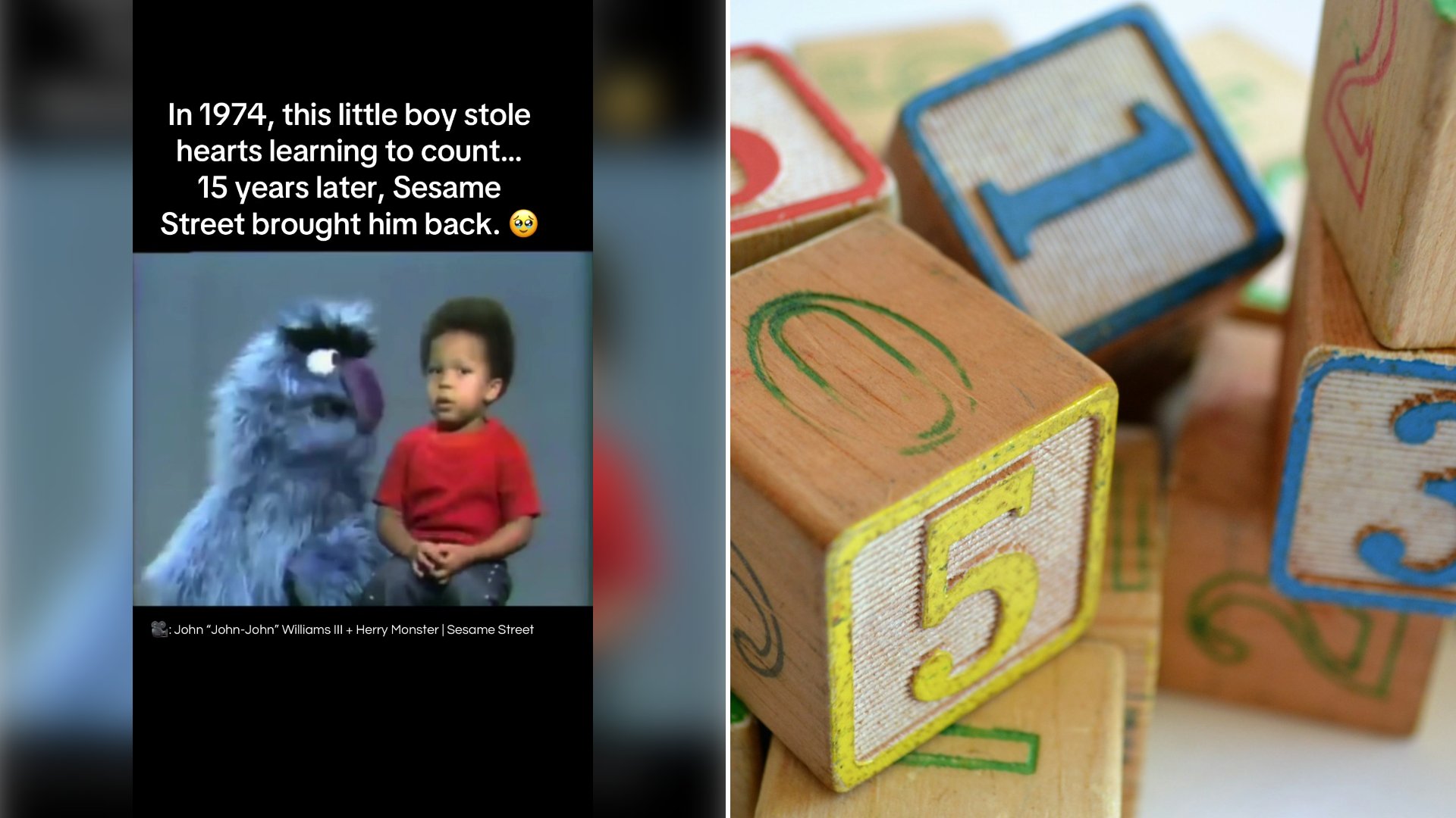 Left: cover still from a TikTok video by @mar_decarlo. Right: Brown wooden alphabet and number toy blocks (Unsplash photo by Susan Holt Simpson).