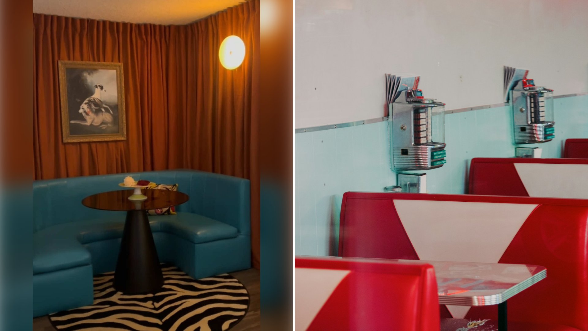 Left: cover still from a TikTok video by @paulruddsantmansuit. Right: Retro diner booths with jukeboxes lining the wall (Unsplash photo by Albert Stoynov).