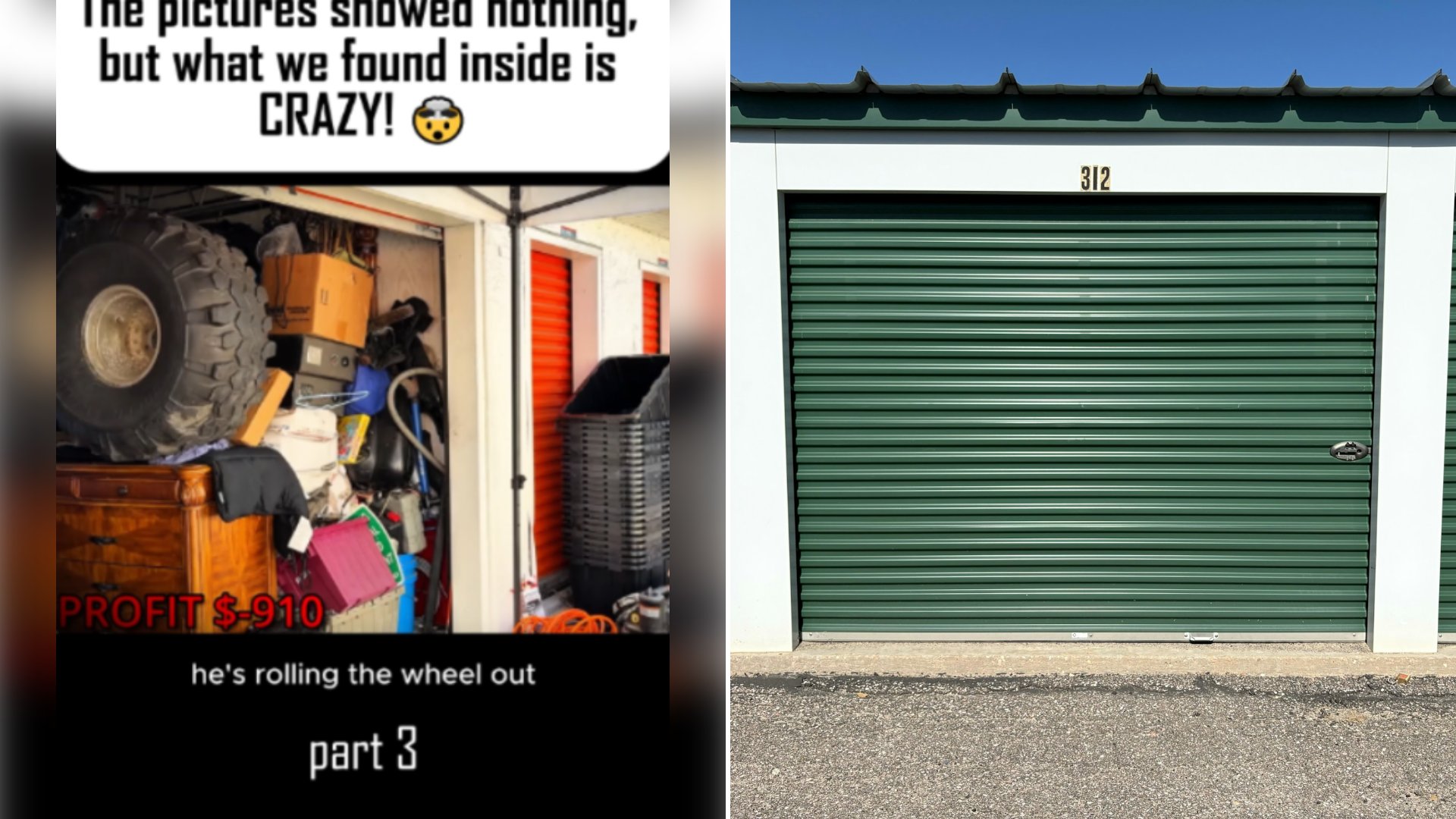 Left: cover still from a TikTok video by @life.in.newyork. Right: Green metal roll-up storage unit door marked 312 (Unsplash photo by Adam Winger).
