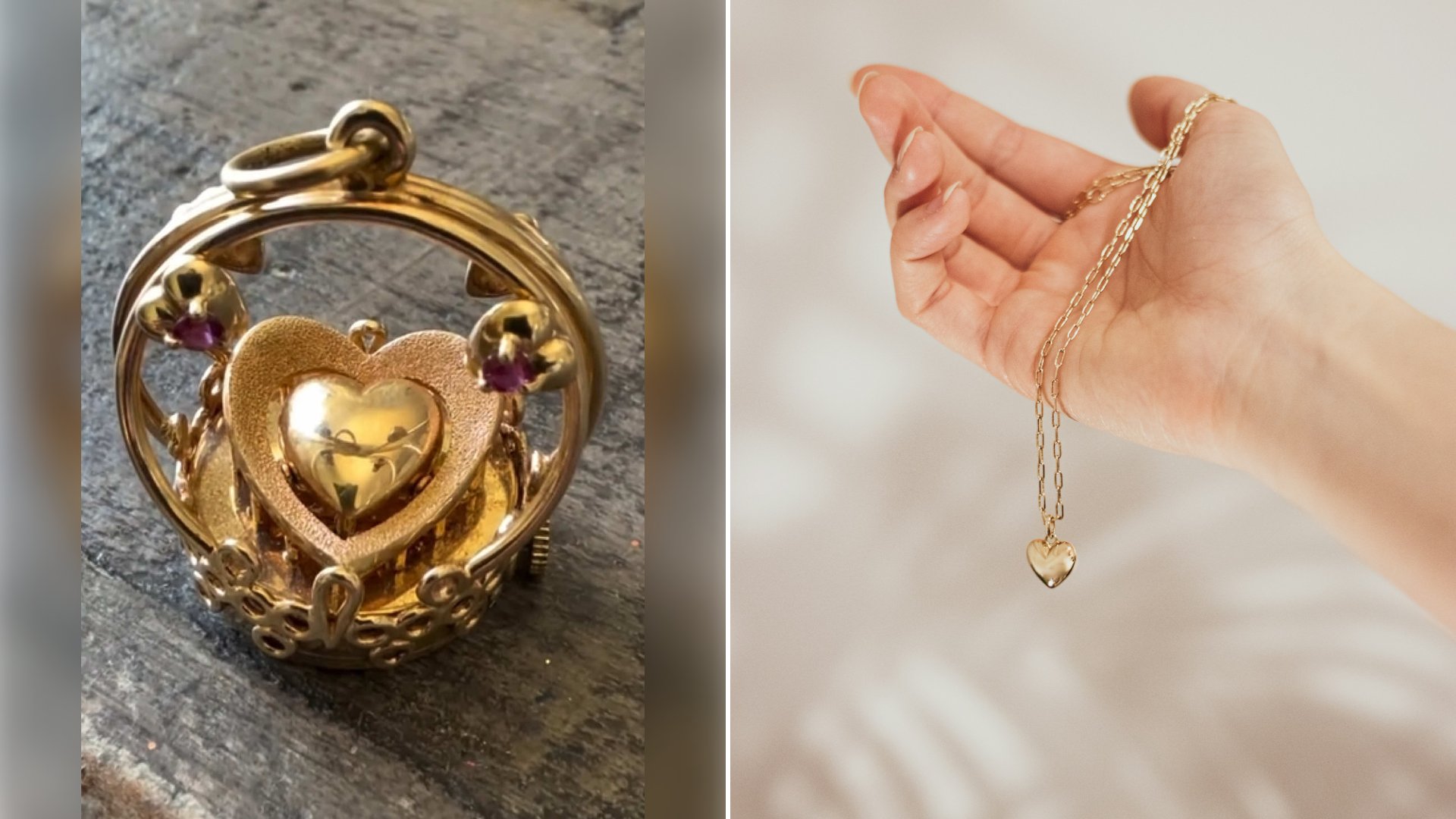 Left: cover still from a TikTok video by @artvangarde. Right: Hand holding a gold heart charm on a chain (Unsplash photo by Gabrielle Henderson).
