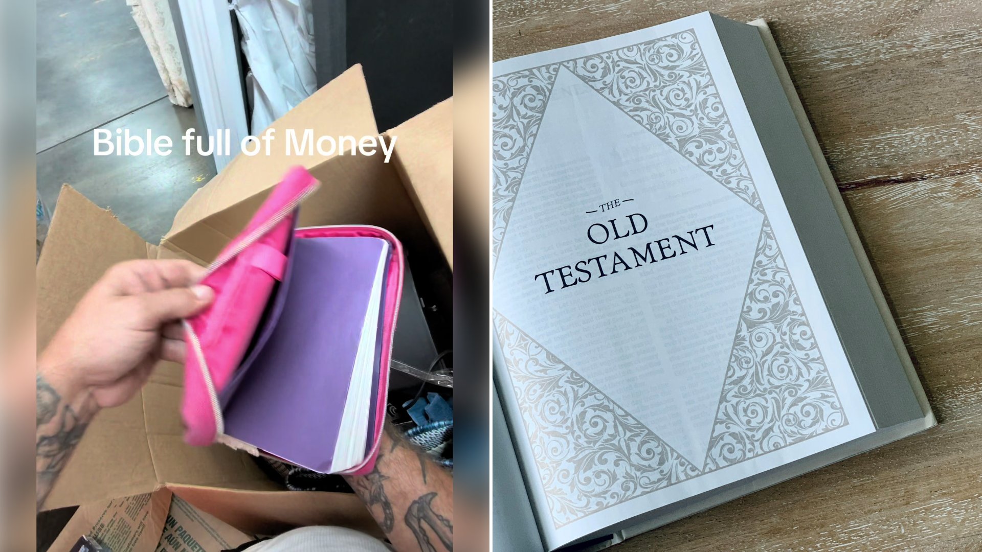 Left: cover still from a TikTok video by @slayer1629_. Right: Bible open to the Old Testament (Unsplash photo by Tim Wildsmith).