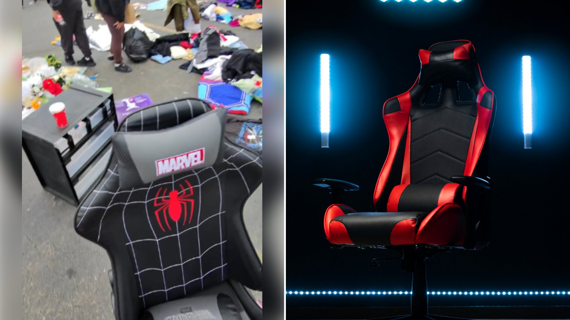 Left: cover still from a TikTok video by @topshelfkicks. Right: Red and black gaming chair with blue lights (Unsplash photo by fadoul m).