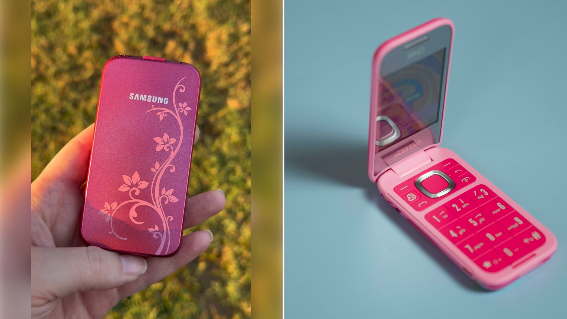 Left: cover still from a TikTok video by @jinjupeach. Right: Pink flip phone resting in a pink case (Unsplash photo by Amanz).