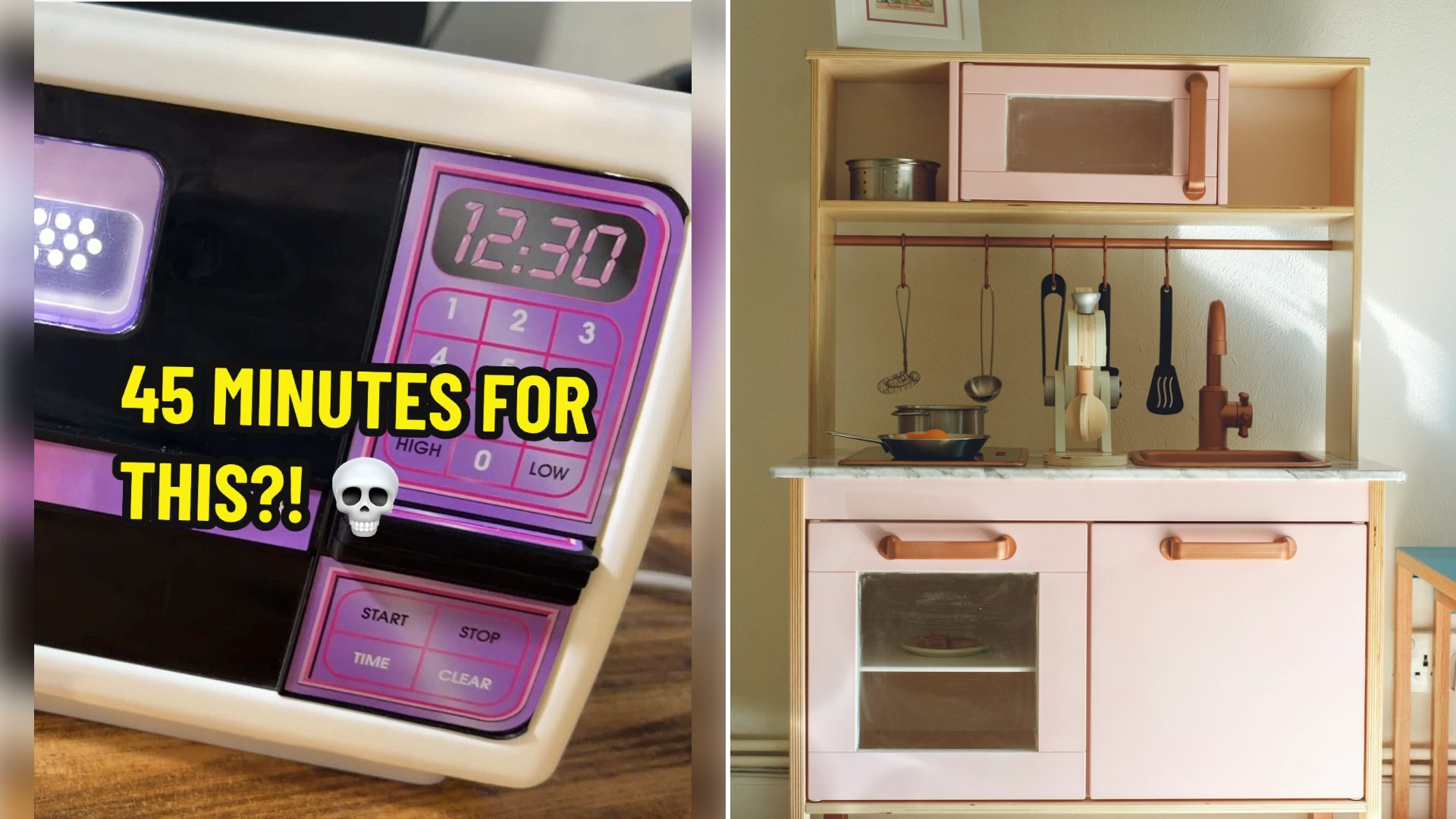 Left: cover still from a TikTok video by @minimemoriesmarket. Right: Child's toy wooden kitchen with a white cabinet and a stainless steel cooking pot (Unsplash photo by Harry Grout).