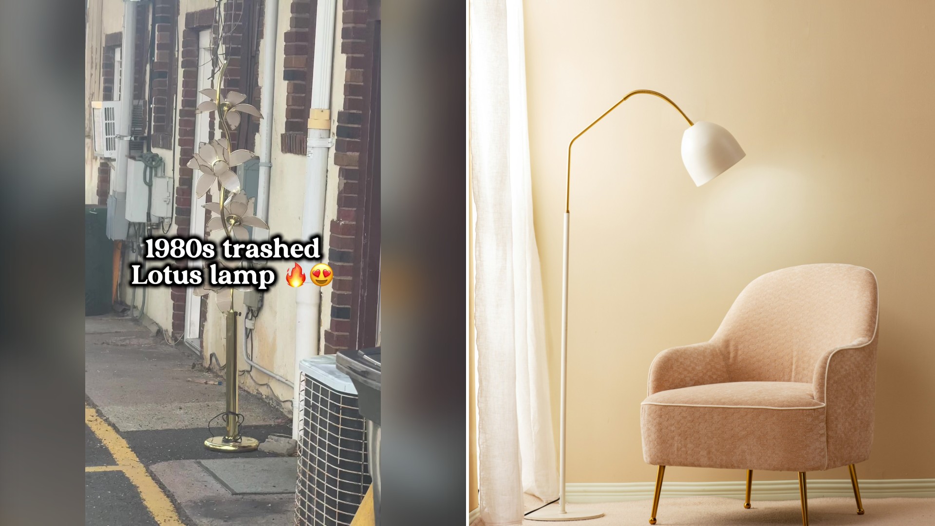 Split image with the cover of @8tracktape's TikTok video, where a brass Lotus floor lamp stands outside near a building, on the left and an Unsplash photo by Zhang liven on the right showing a living room with a chair and a floor lamp
