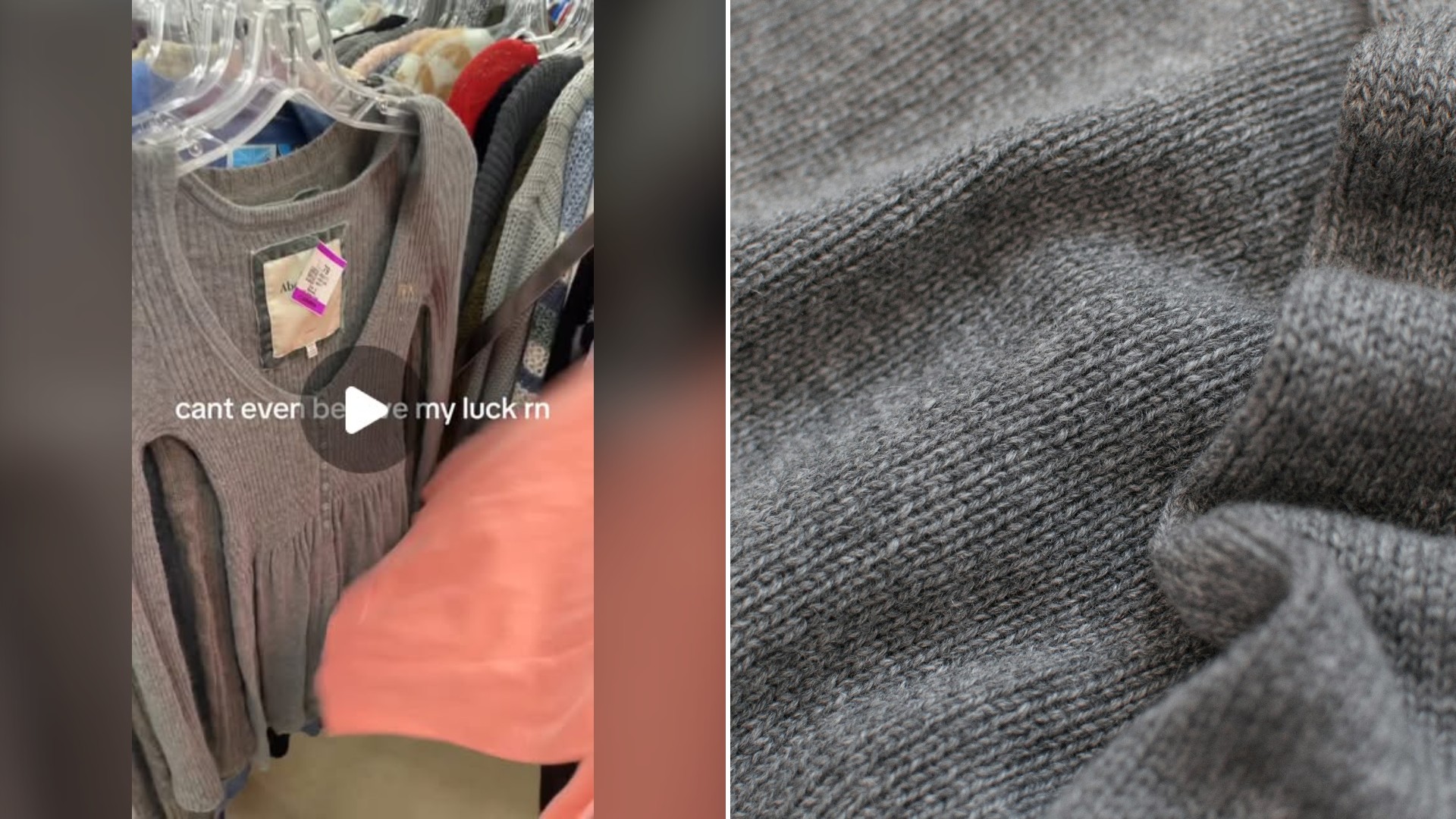 Split image with the cover of @insomniacthrifts's Instagram reel, where a gray sweater hangs on a thrift store rack, on the left and an Unsplash photo by Alina on the right showing a close-up view of a gray sweater