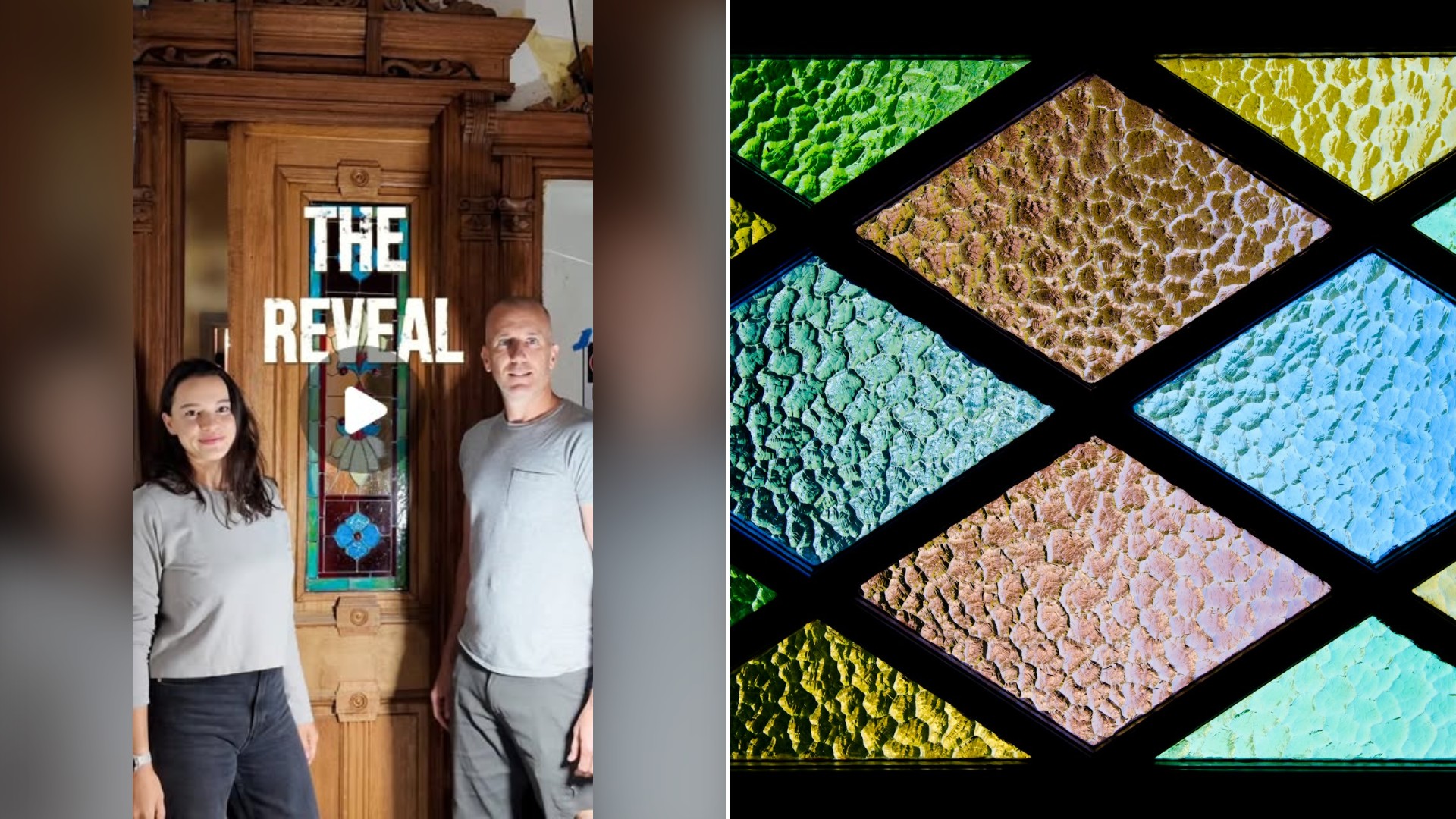 Split image with the cover of @galeguesthouses's Instagram reel, where a couple stands beside a restored stained glass pocket door, on the left and an Unsplash photo by Tim Mossholder on the right showing a multicolored glass window with a diamond pattern