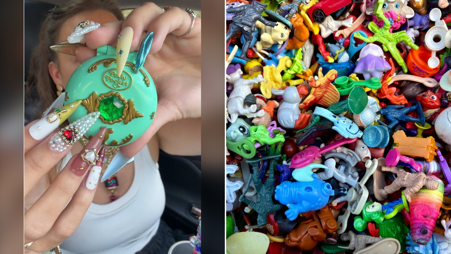 Split image with the cover of @bestlifebybrookeasmr's TikTok video, where hands with decorated nails hold a green jeweled Polly Pocket compact, on the left and an Unsplash photo by Tasha Kostyuk on the right showing a colorful collection of small plastic toys