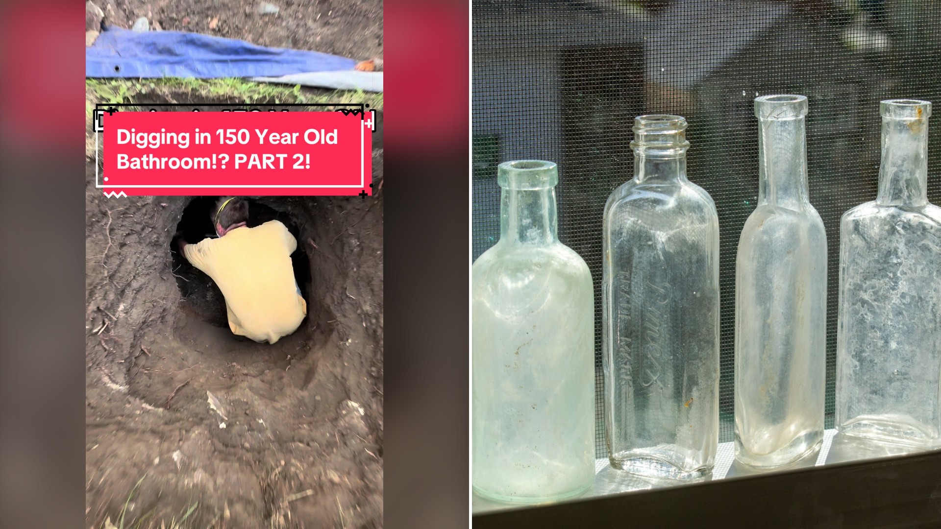 Split image with the cover of @coolestdigs's TikTok video, where a tarp covers part of a dirt pit being dug in a backyard, on the left and an Unsplash photo by Kelsey Todd on the right showing small antique glass medicine bottles on a sunlit windowsill