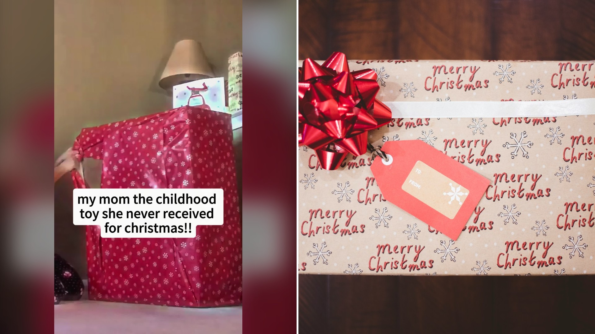 Split image with the cover of @annpark0's TikTok video, where a large box wrapped in red paper sits in a living room, on the left and an Unsplash photo by Ben White on the right showing a red bow and gift tag on Christmas wrapping paper