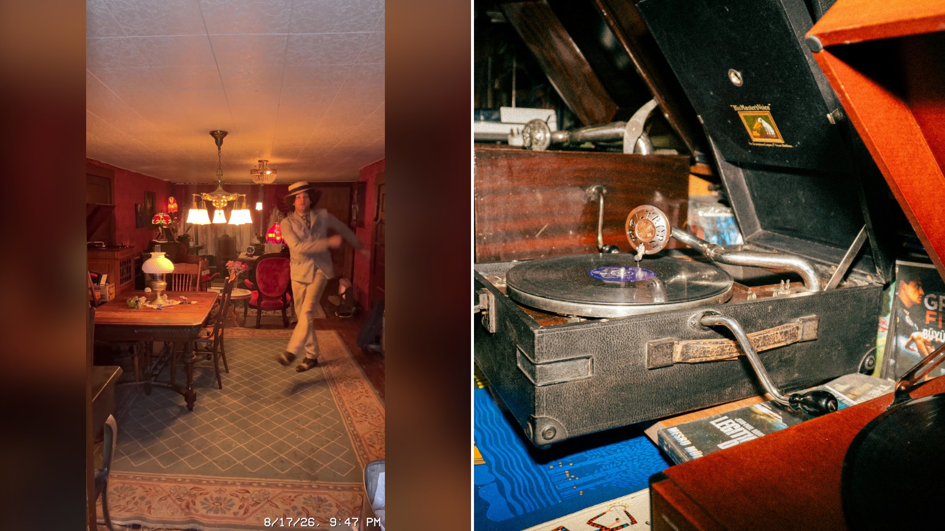 Split image with the cover of @dr.parkinstine2's TikTok video, where he dances in a room decorated like the 1920s, on the left and an Unsplash photo by Christian Agbede on the right showing a vintage phonograph playing a record