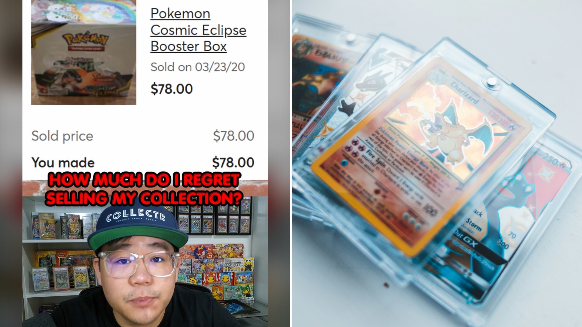 Split image with the cover of @thricebakedjake's TikTok video, where a sold listing for a Pokemon Cosmic Eclipse booster box sits above him in a collectibles shop, on the left and an Unsplash photo by Erik Mclean on the right showing a close-up of a bunch of cards on a table