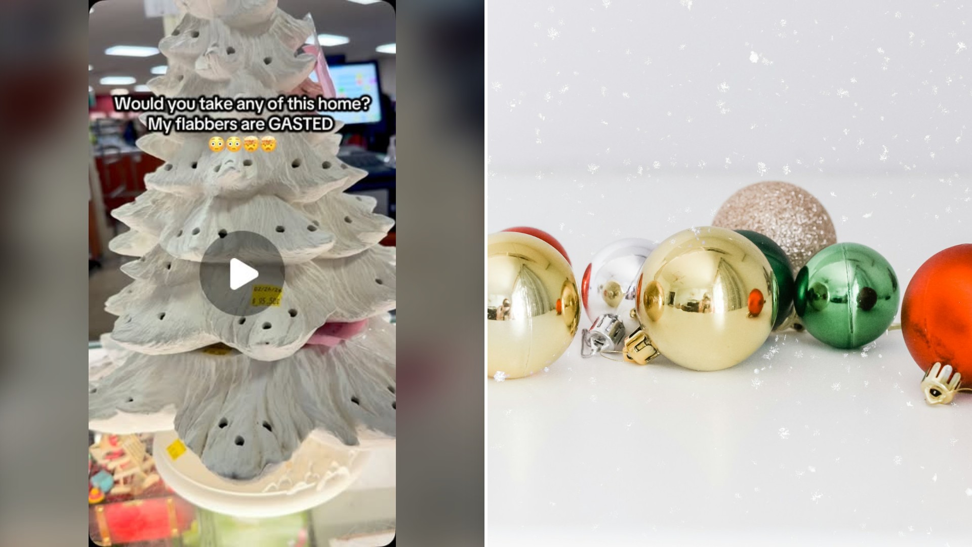 Split image with the cover of @relicsbeyondtheveil's Instagram reel, where a white ceramic Christmas tree sits on a thrift store shelf, on the left and an Unsplash photo by Sincerely Media on the right showing a collection of assorted-color Christmas baubles on a white surface