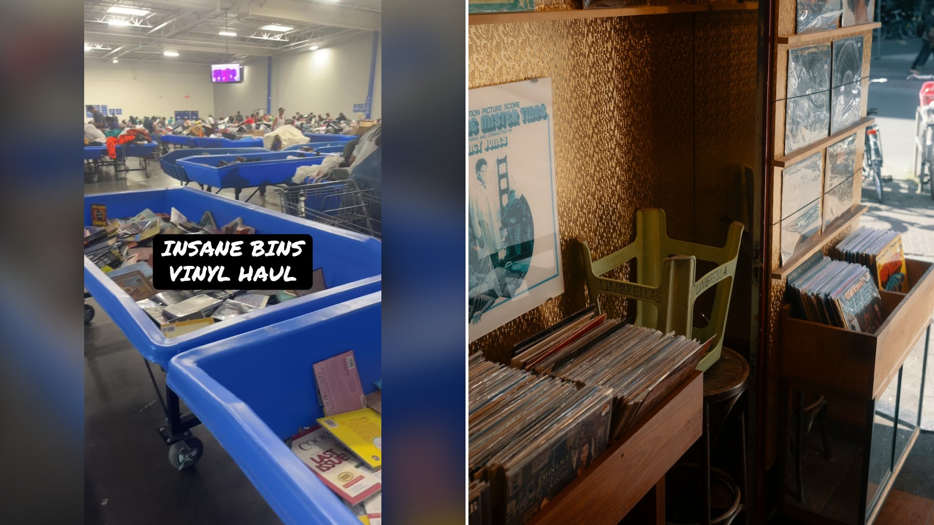 Split image with the cover of @816flipsvintage's TikTok video, where rows of blue Goodwill bins fill a warehouse, on the left and an Unsplash photo by Douglas Schneiders on the right showing stacks of vinyl records in a sunny vintage shop