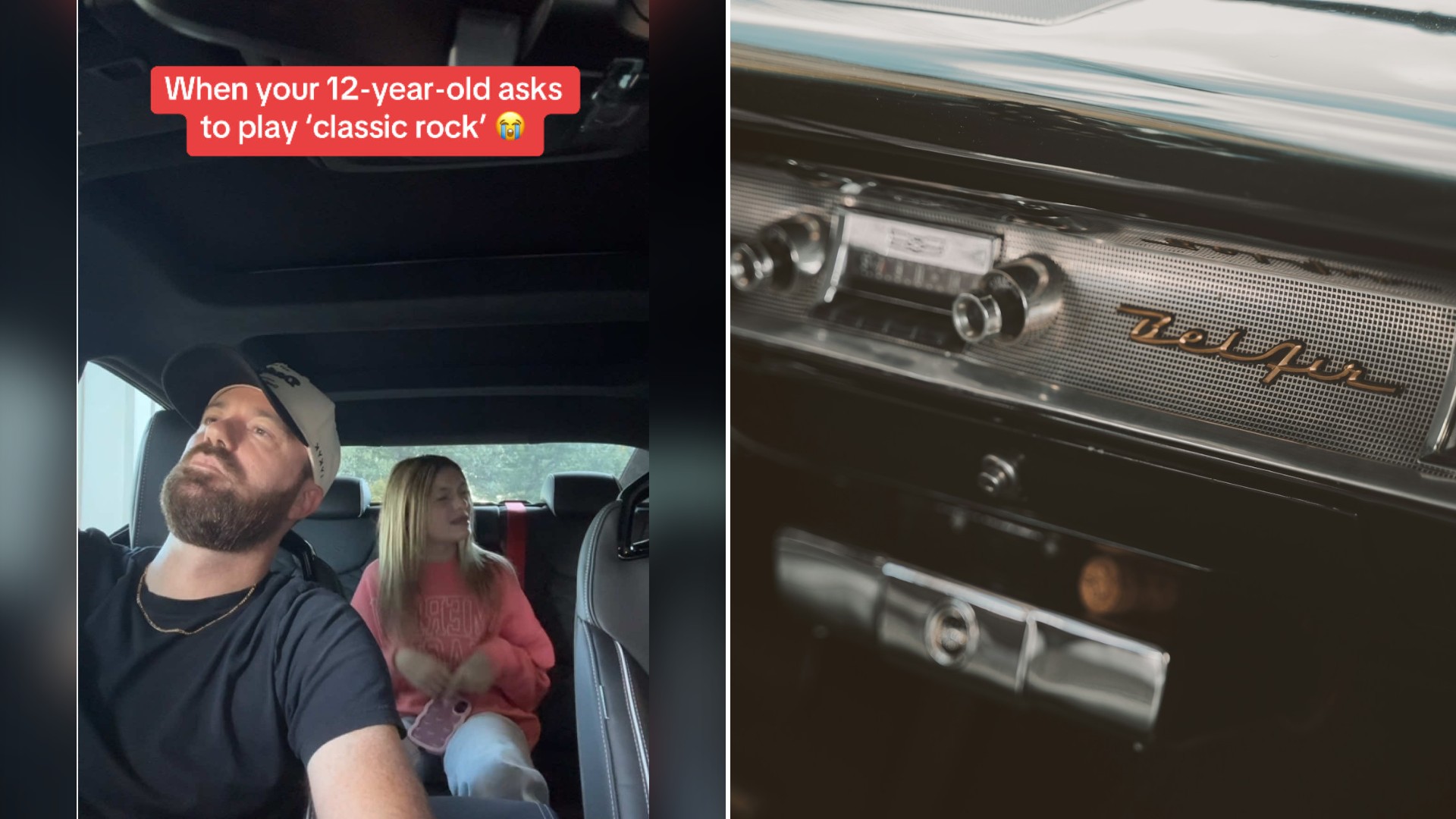 Split image with the cover of @authordavidbarco's TikTok video, where he drives with his daughter riding in the back seat, on the left and an Unsplash photo by Daniel von Appen on the right showing the chrome dashboard of a vintage car