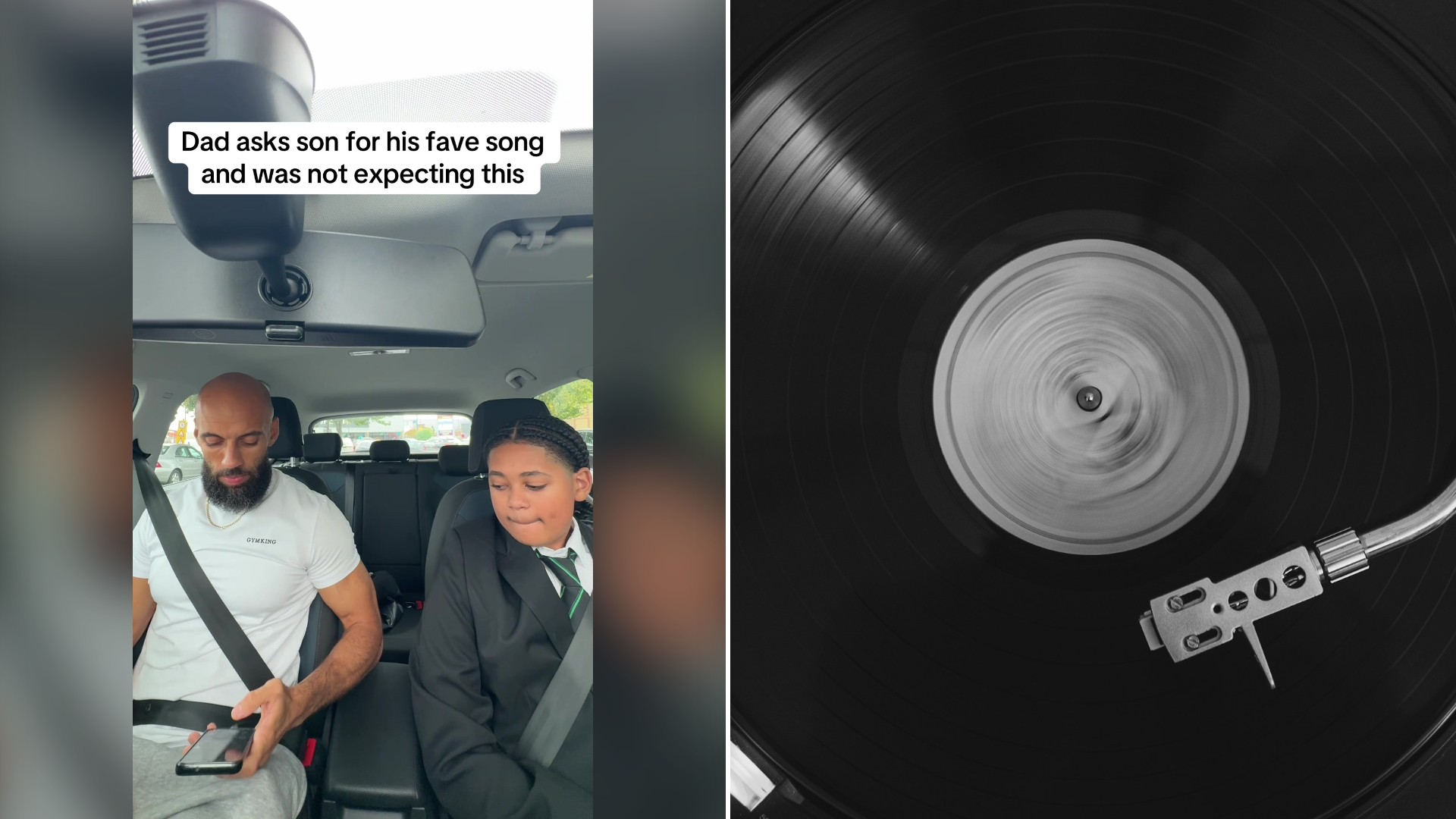 Split image with the cover of @raisingboys_2men's TikTok video, where a dad and his son sit in a car under a caption about his favorite song, on the left and an Unsplash photo by Andrea Cipriani on the right showing a black vinyl record spinning on a turntable with a silver tonearm