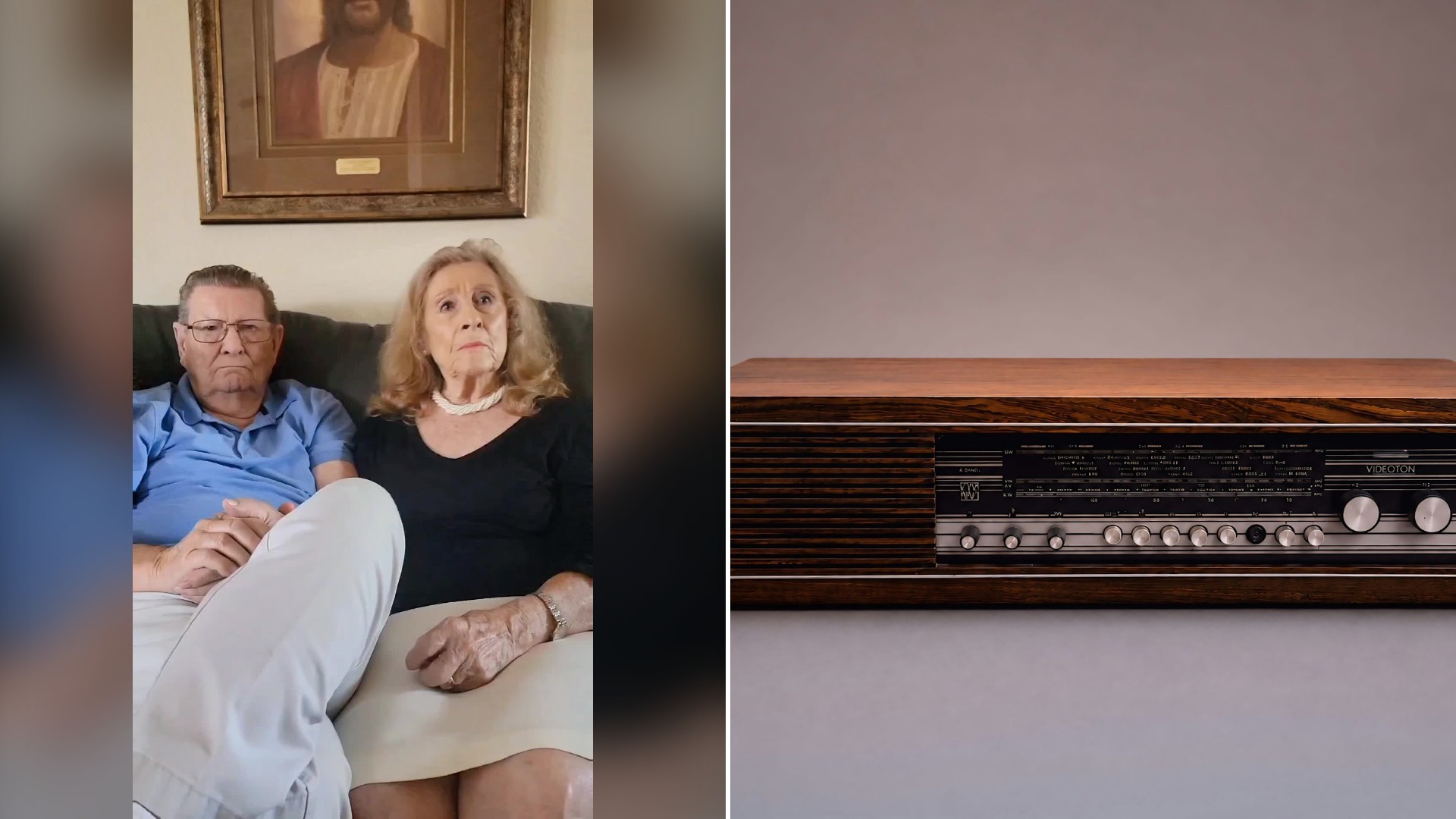 Split image with the cover of @historical_usa's TikTok video, where an older couple sits on a couch beneath a framed portrait, on the left and an Unsplash photo by Szobota Zsuzsi on the right showing a vintage wooden radio receiver with a silver control panel