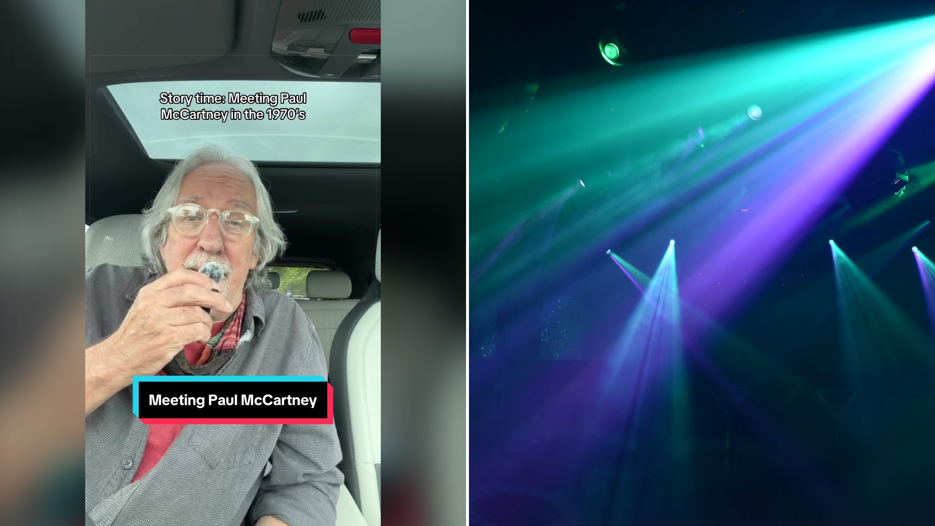 Split image with the cover of @sign_or_decline's TikTok video, where an older man tells his story from his car under the words Meeting Paul McCartney, on the left and an Unsplash photo by Scarlett Alt on the right showing bright teal and purple spotlights cutting through a dark, hazy venue