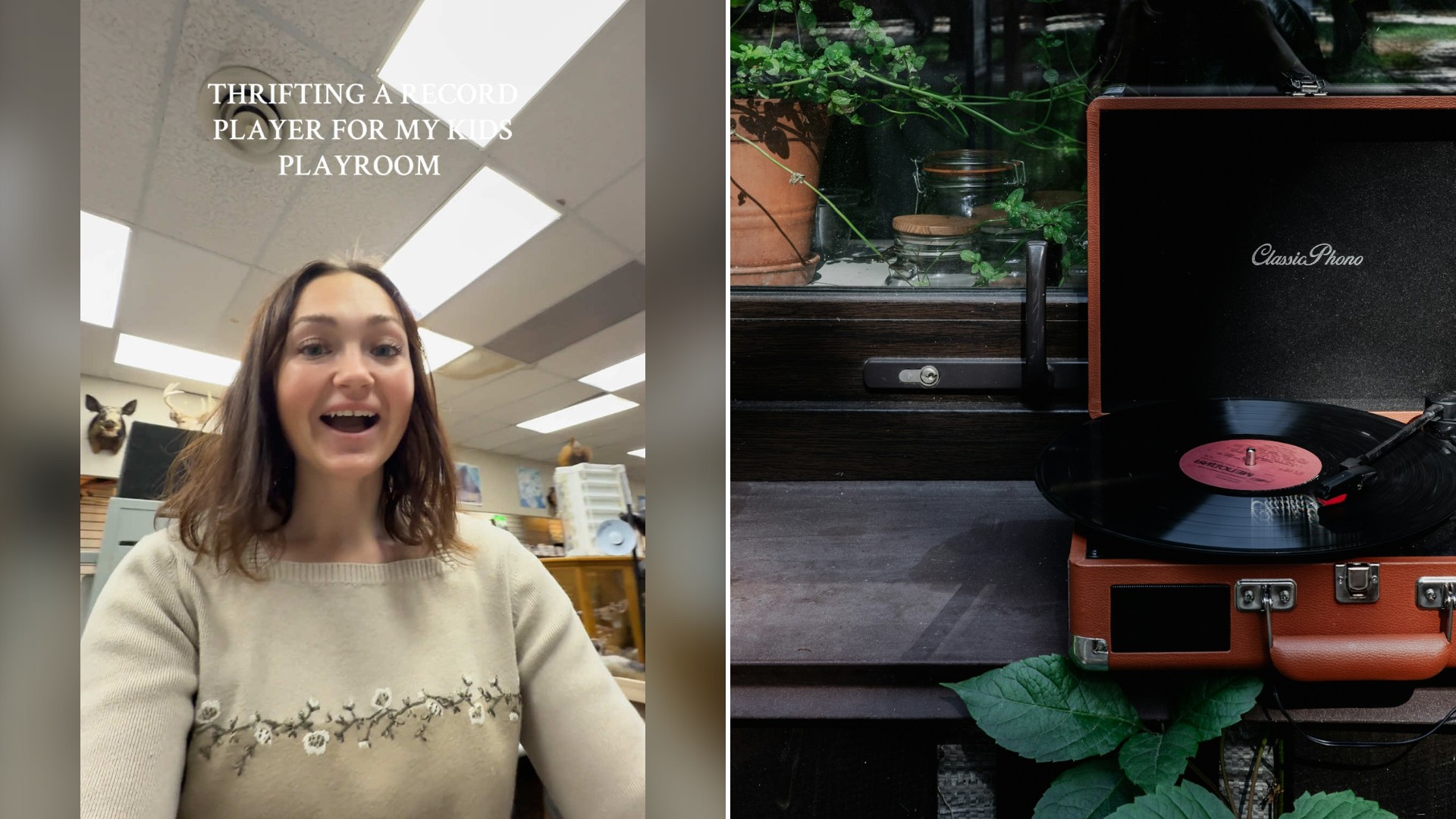 Split image with the cover of @skyehitch's TikTok video, where she smiles inside a thrift store, on the left and an Unsplash photo by Anastasiia Santsevych on the right showing a red record player on a table beside a plant