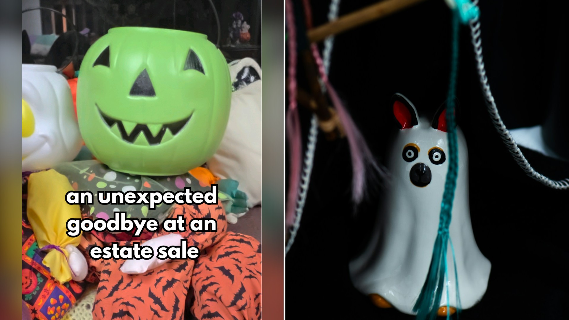 Split image with the cover of @auntiekitsch's TikTok video, where a green plastic jack-o-lantern pail sits among Halloween decorations, on the left and an Unsplash photo by Bernardine Cantwell on the right showing a white ceramic ghost figurine with red ears and wide eyes on a black background