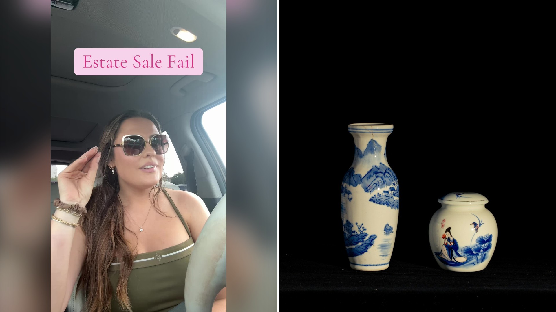 Split image with the cover of @brooke_majors's TikTok video, where she sits in her car in sunglasses under the words Estate Sale Fail, on the left and an Unsplash photo by Thilina Alagiyawanna on the right showing a tall blue and white porcelain vase beside a small lidded jar
