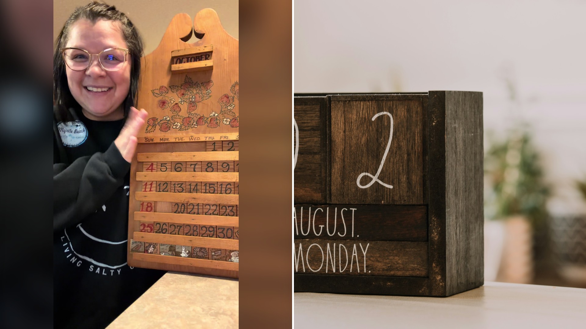 Split image with the cover of @chasityblazer's TikTok video, where she holds up a vintage wooden perpetual calendar, on the left and an Unsplash photo by Yucel M on the right showing a wooden block calendar showing the date