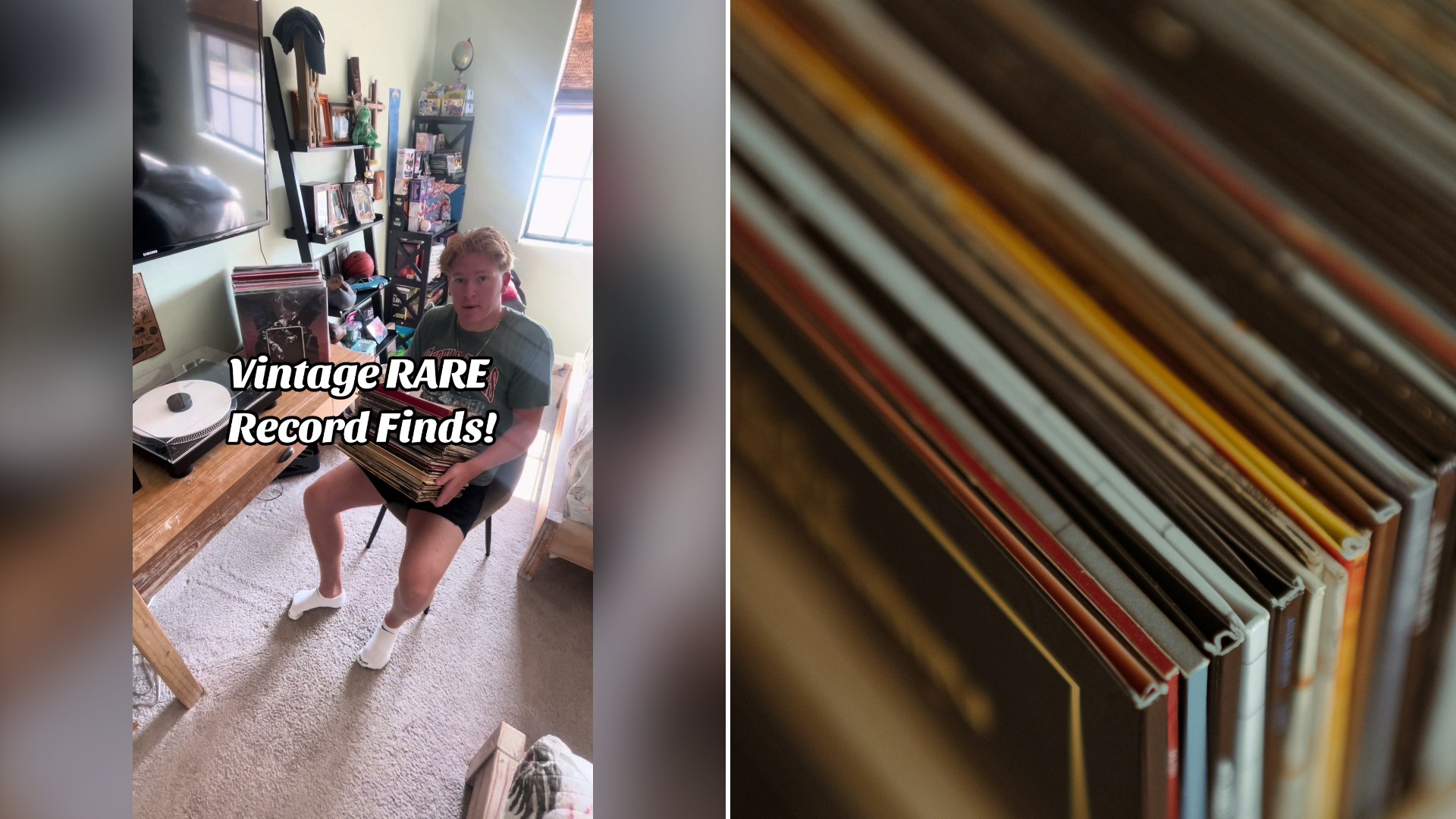 Split image with the cover of @russrecords's TikTok video, where he sits at a table with a stack of albums under the words Vintage Rare Record Finds, on the left and an Unsplash photo by Julian Lates on the right showing a row of record sleeves seen up close