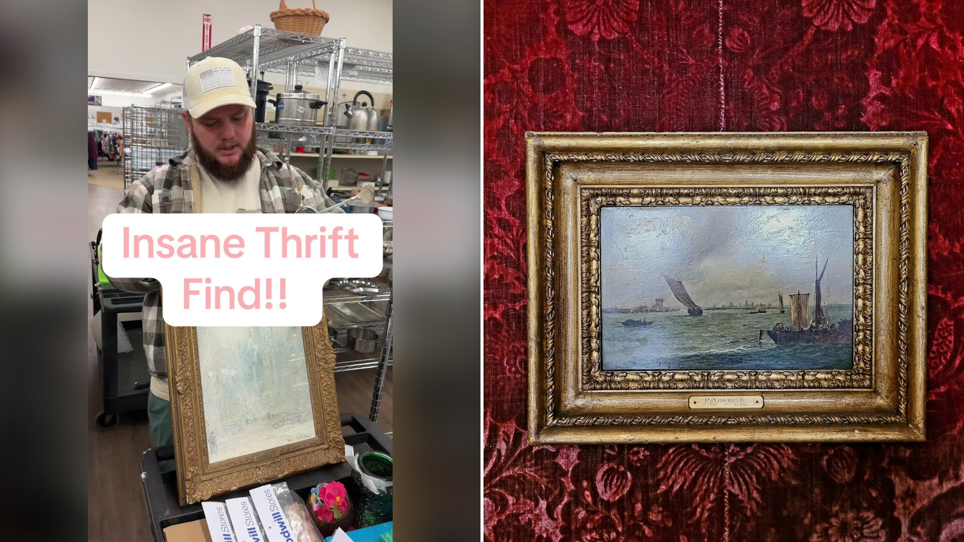 Split image with the cover of @marisamacy's TikTok video, where a man stands beside a framed painting in a thrift store under the words Insane Thrift Find, on the left and an Unsplash photo by Help Stay on the right showing a framed painting of sailboats on a deep red patterned wall
