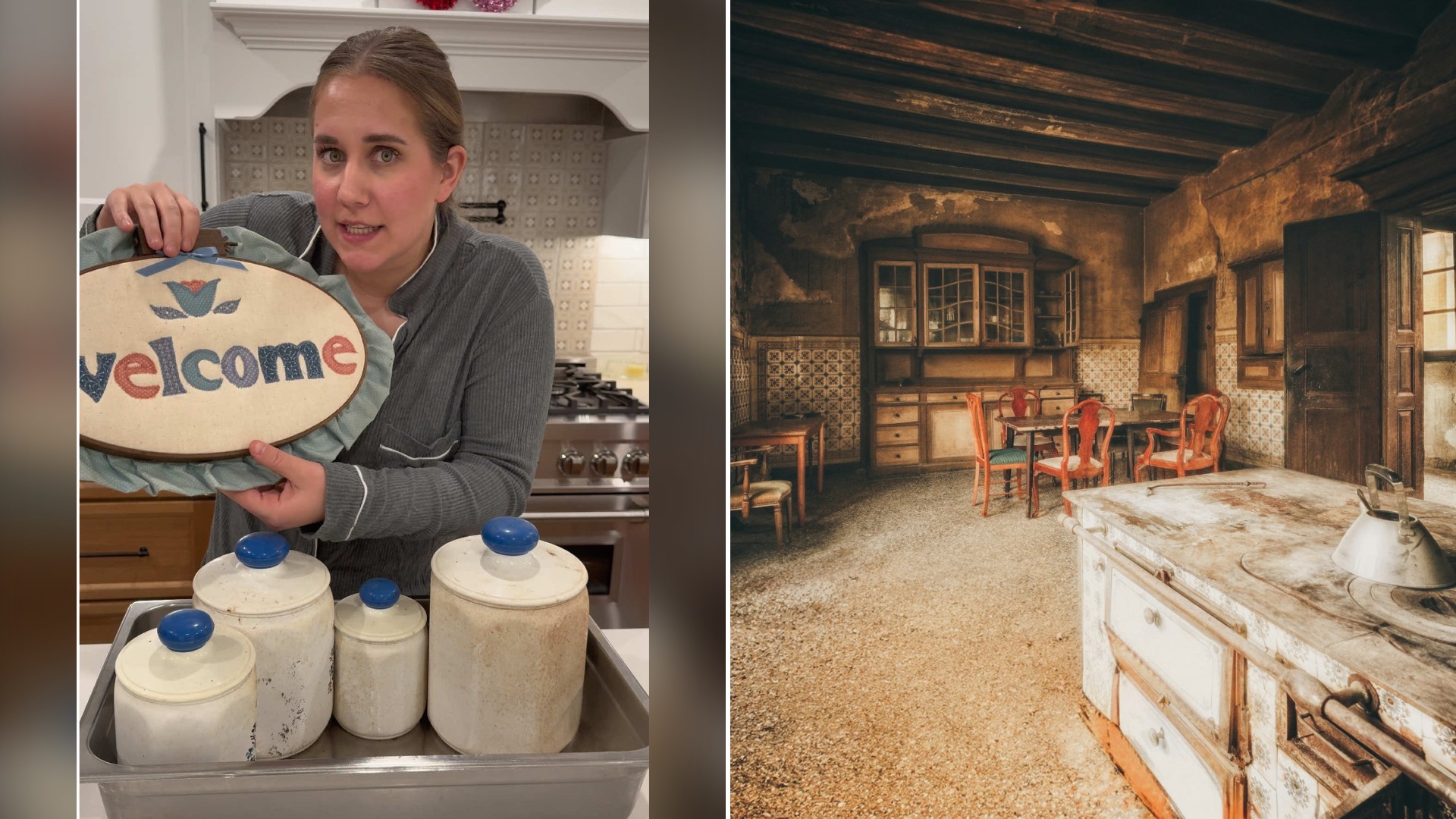 Split image with the cover of @monicaefrasier's TikTok video, where she holds a vintage welcome sign beside a set of old canisters, on the left and an Unsplash photo by Peter Herrmann on the right showing an abandoned rustic kitchen with an old stove and chairs