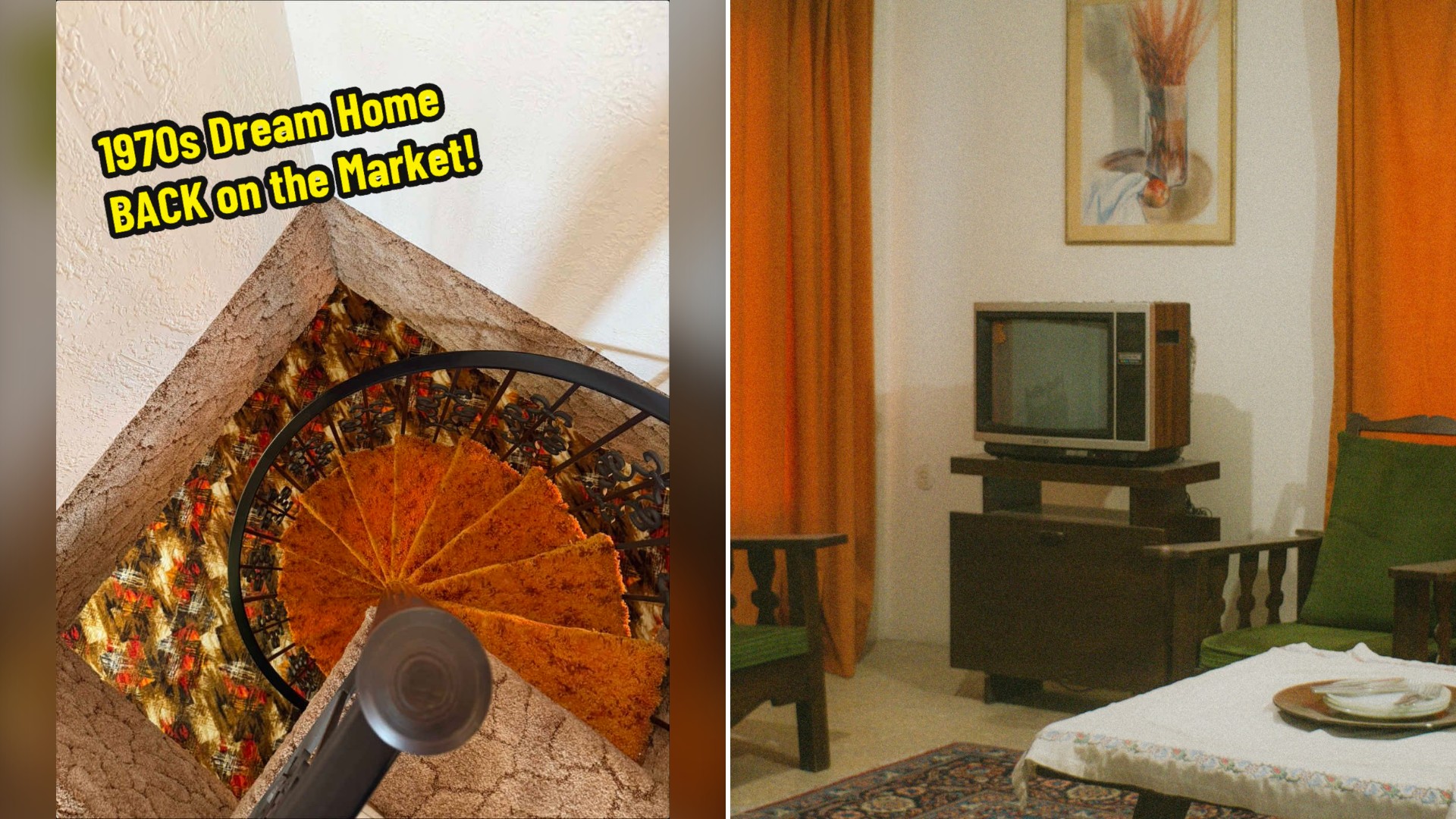 Split image with the cover of @homes_with_max's TikTok video, where a spiral staircase curves down into an orange 1970s interior under the words 1970s Dream Home Back on the Market, on the left and an Unsplash photo by mdreza jalali on the right showing a retro living room with a vintage television and orange curtains