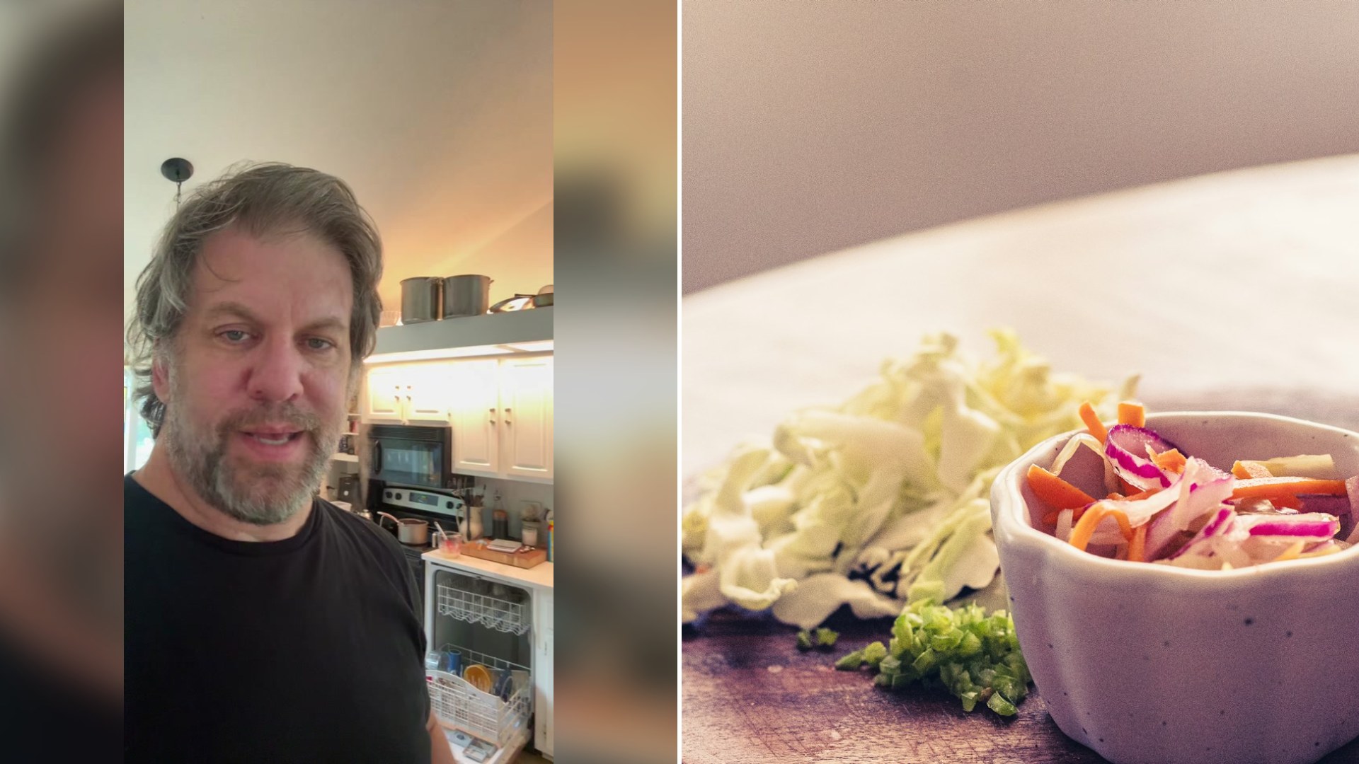 Cover of @danrenzi's TikTok video about a 1958 Perfection Salad beside an Unsplash photo by Carmela Lustre of a bowl of coleslaw with shredded cabbage and carrots.