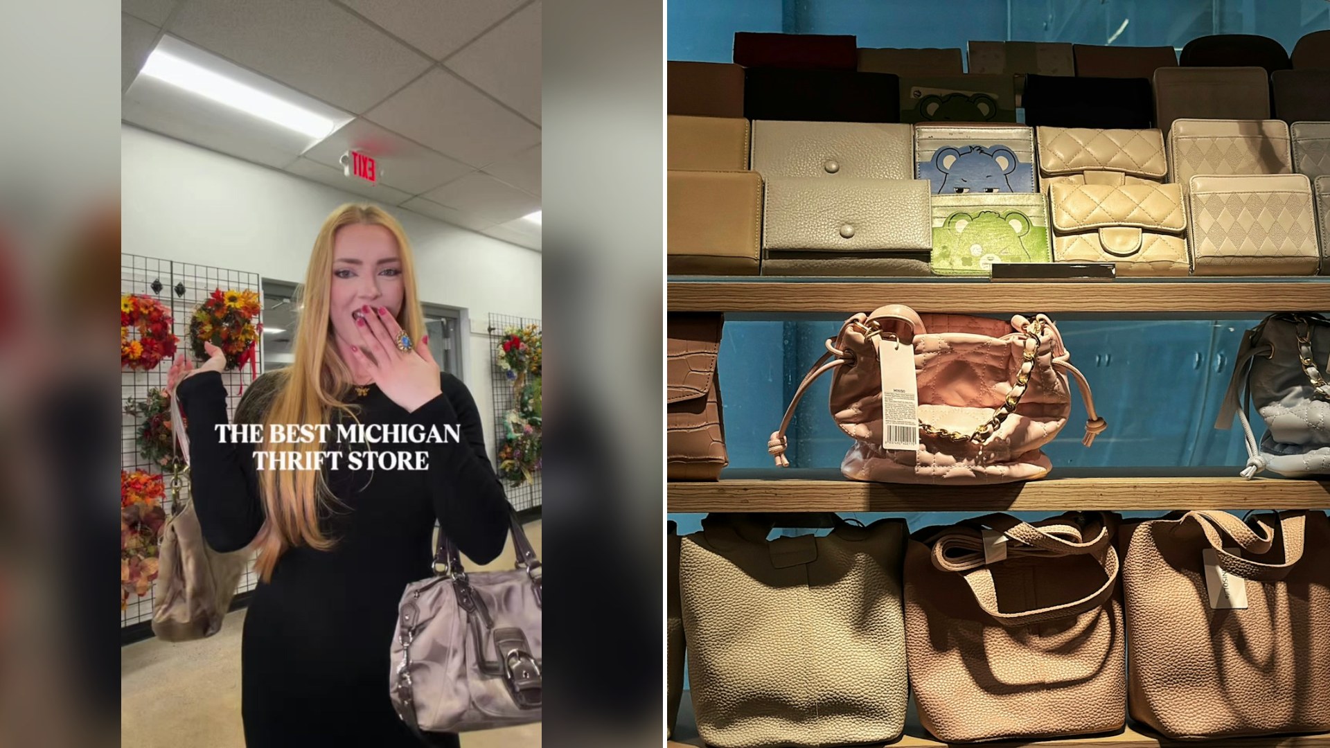 Cover of @jennabloomm's TikTok video beside an Unsplash photo by Puru Raj of handbags and purses displayed on shelves in a store