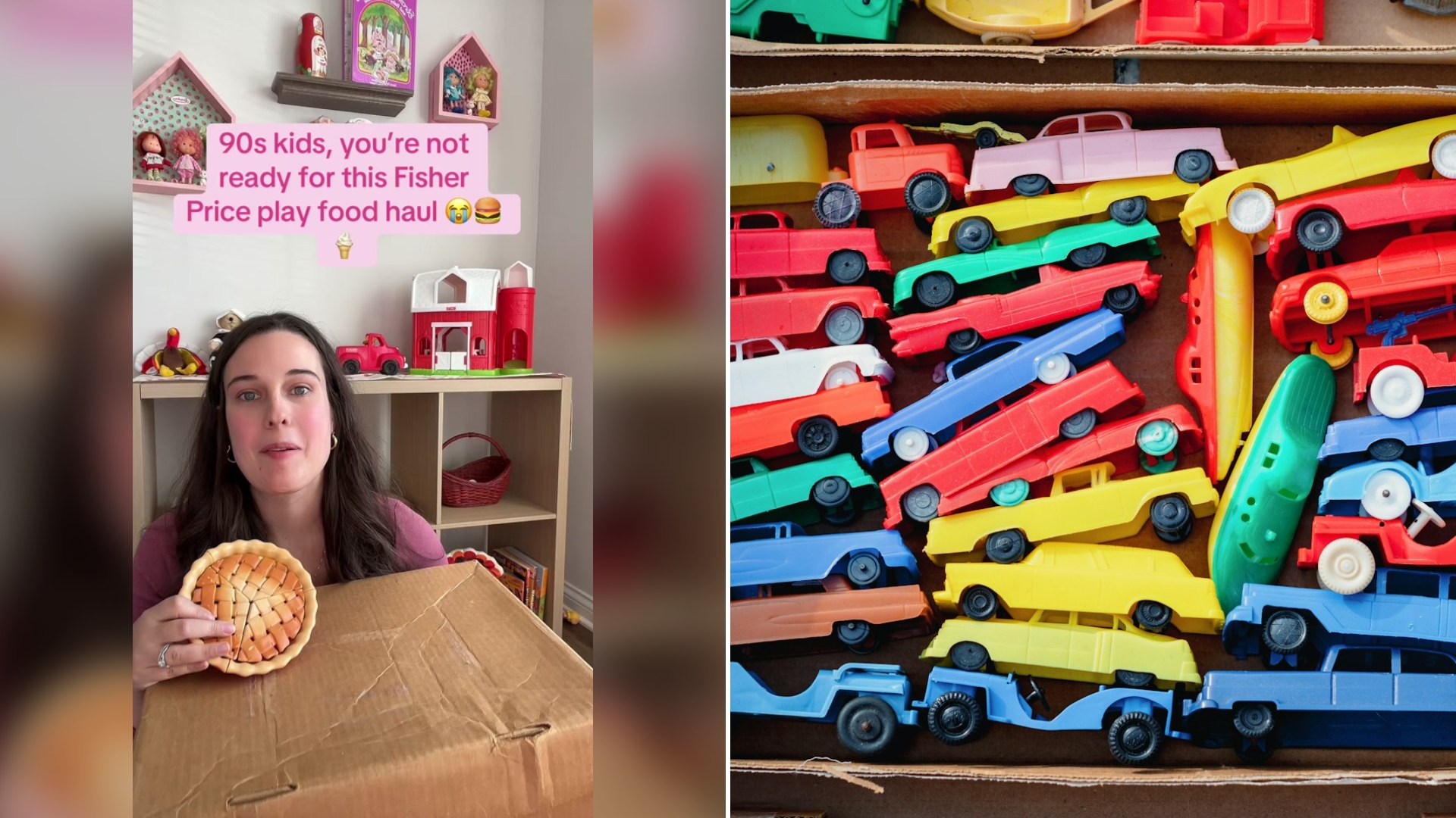 Cover of @thenostalgiatoybox's TikTok video beside an Unsplash photo by Jason Leung of a box filled with colorful toy cars