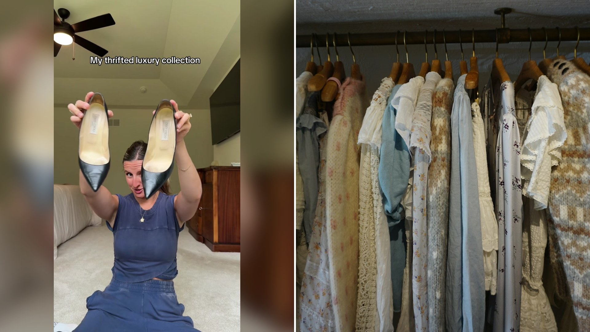 Cover of @emilyayay17's TikTok video beside an Unsplash photo by Adiel Gavish of a rack of fall sweaters, dresses and tops in a boutique