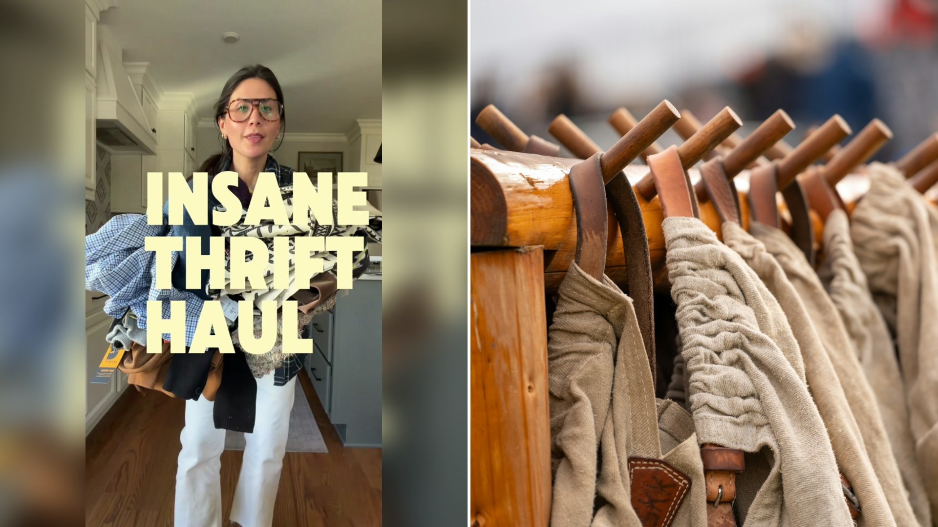 Cover of @chynnawoo's TikTok video beside an Unsplash photo by Matteo Studer of coats hanging on a wooden rack