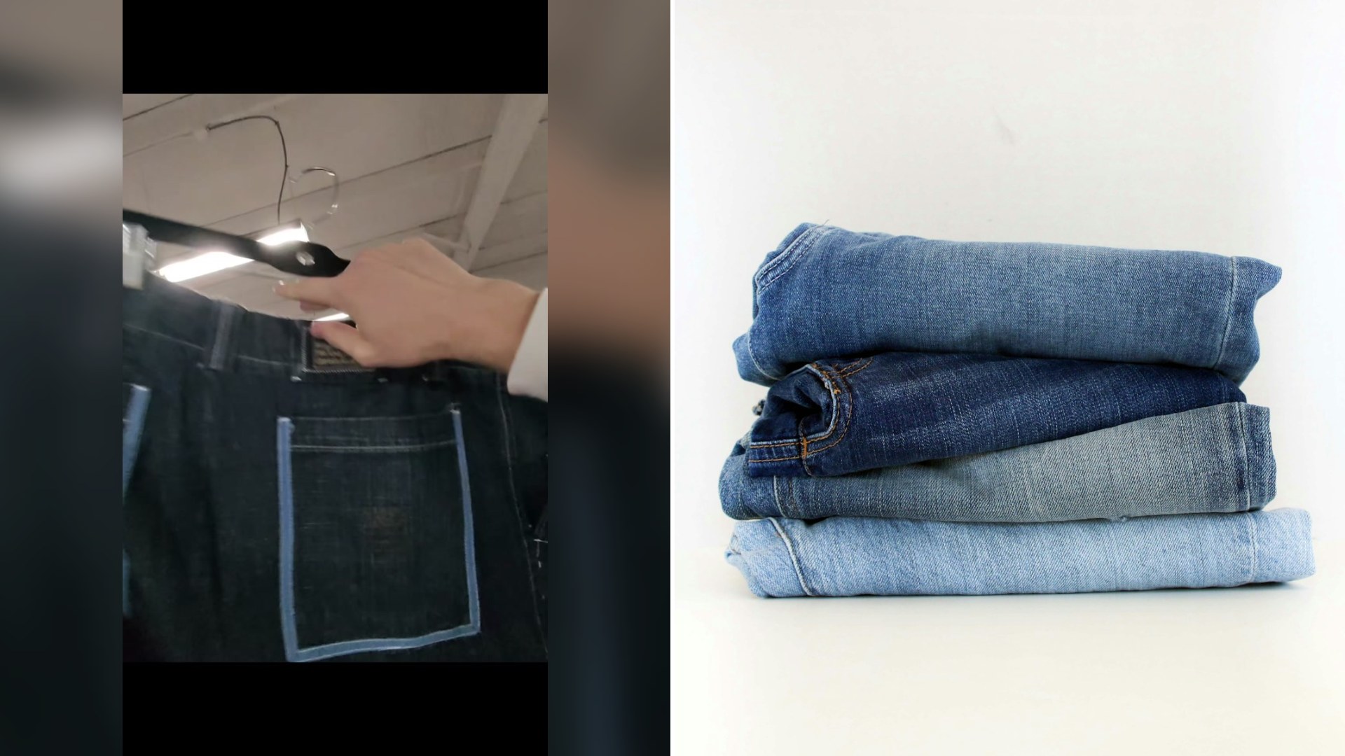 Cover of @thriftedbyeli's TikTok video beside an Unsplash photo by Claire Abdo of a stack of folded denim jeans
