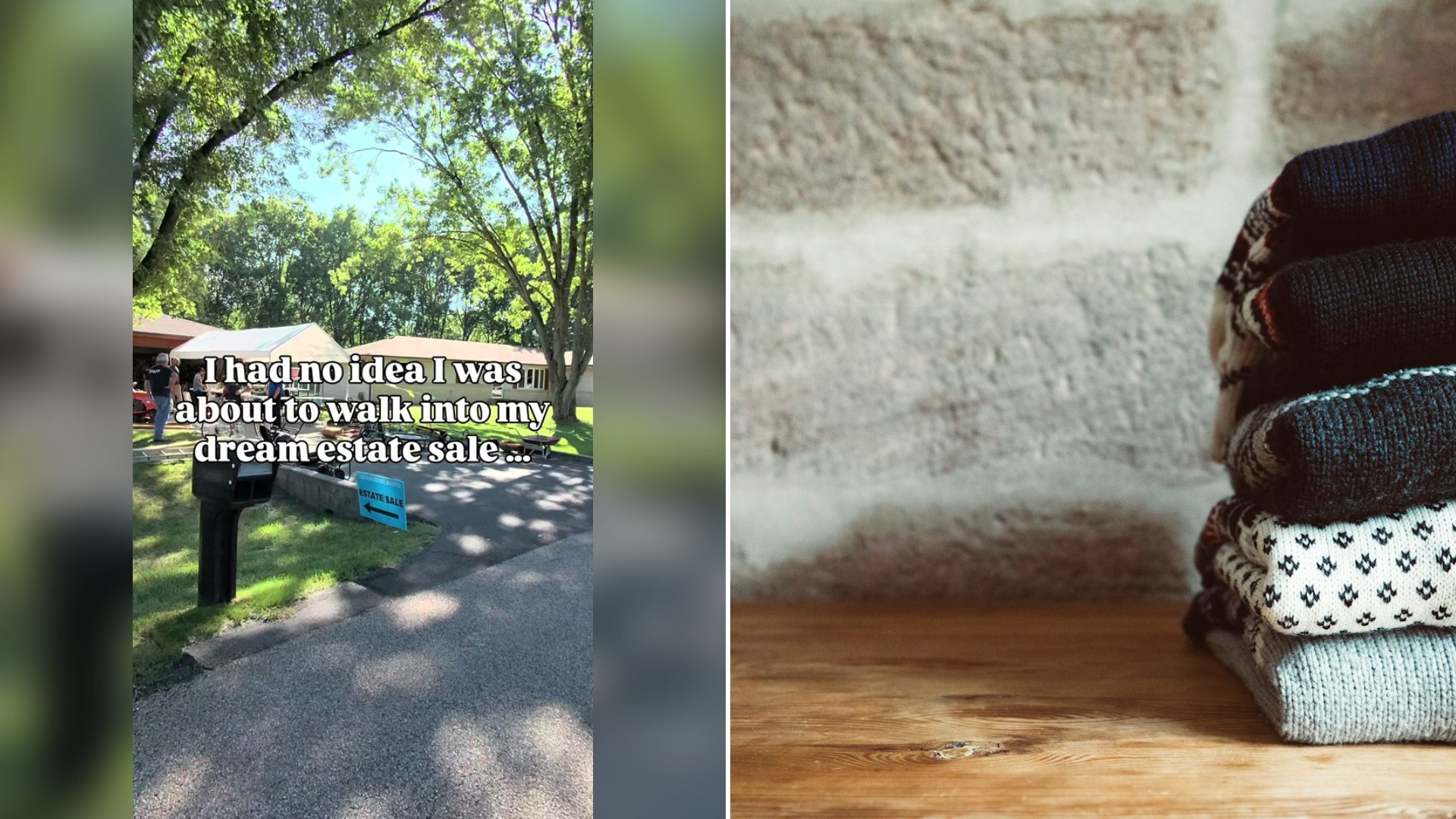 Cover of @feralcathomereno's TikTok video beside an Unsplash photo by Markus Spiske of a stack of knit sweaters on a wooden table