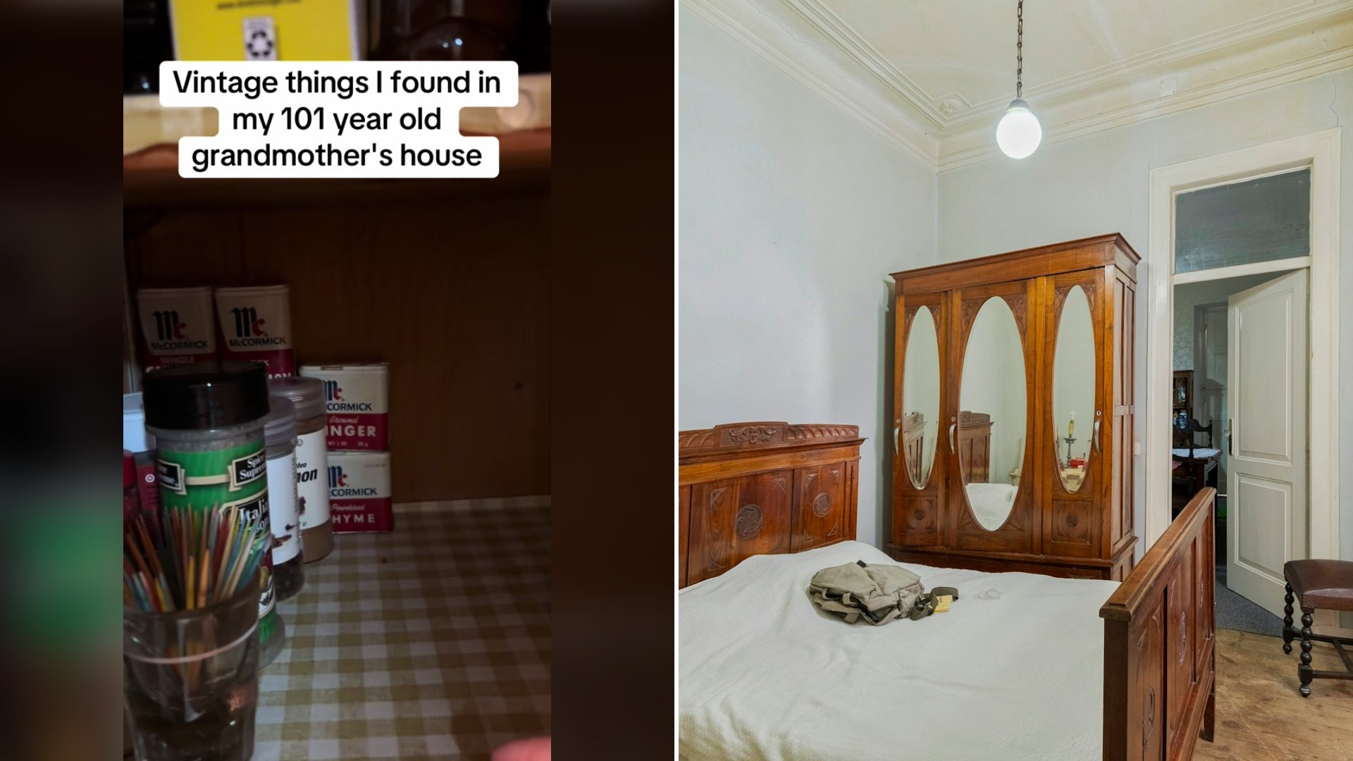 Cover of @amandajeanne96's TikTok video beside an Unsplash photo by Jessica Martins of a bedroom with antique wooden furniture and a single bed