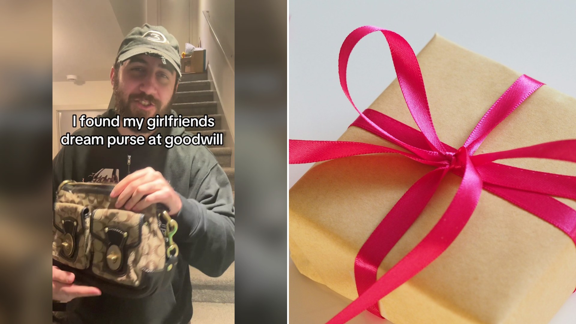 Cover of @skipthemalls's TikTok video beside an Unsplash photo by Jess Bailey of a brown gift box tied with a pink ribbon