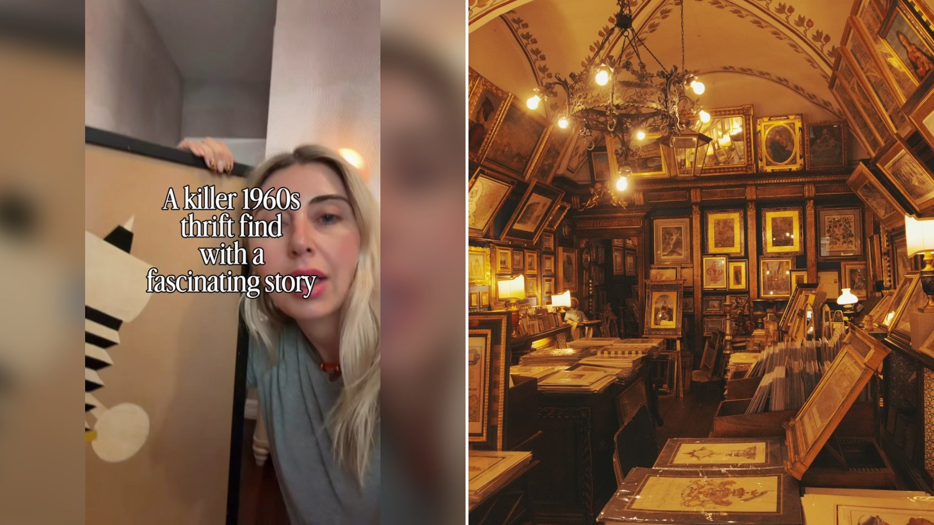 Cover of @virginiachamlee's TikTok video (left) beside an Unsplash photo by Ali AOUF of an antique shop filled with framed art and maps (right).